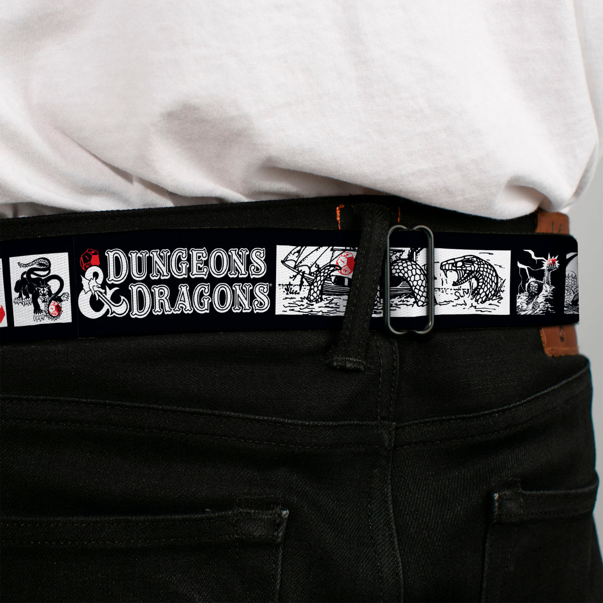 Dungeons & Dragons Ampersand Logo Full Color Black/Gray Seatbelt Belt - DUNGEONS & DRAGONS Text and Monster Illustration Blocks Black/White Webbing Seatbelt Belts Dungeons & Dragons