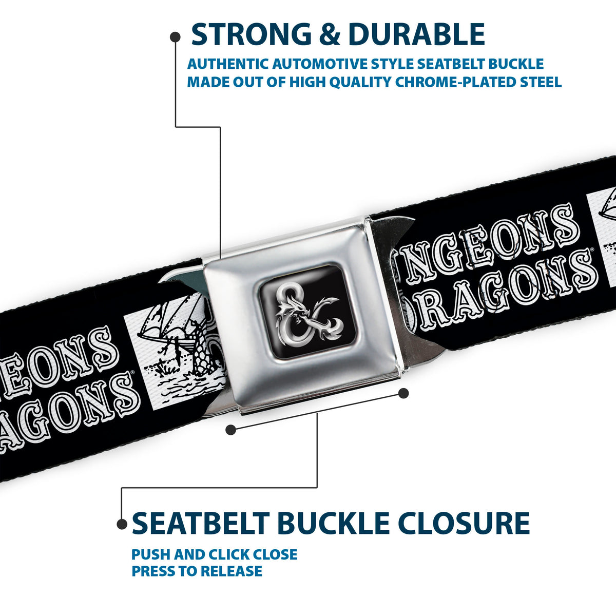 Dungeons & Dragons Ampersand Logo Full Color Black/Gray Seatbelt Belt - DUNGEONS & DRAGONS Text and Monster Illustration Blocks Black/White Webbing Seatbelt Belts Dungeons & Dragons