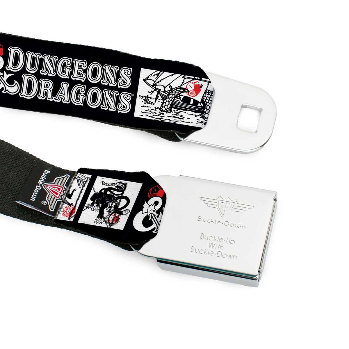Dungeons & Dragons Ampersand Logo Full Color Black/Gray Seatbelt Belt - DUNGEONS & DRAGONS Text and Monster Illustration Blocks Black/White Webbing Seatbelt Belts Dungeons & Dragons