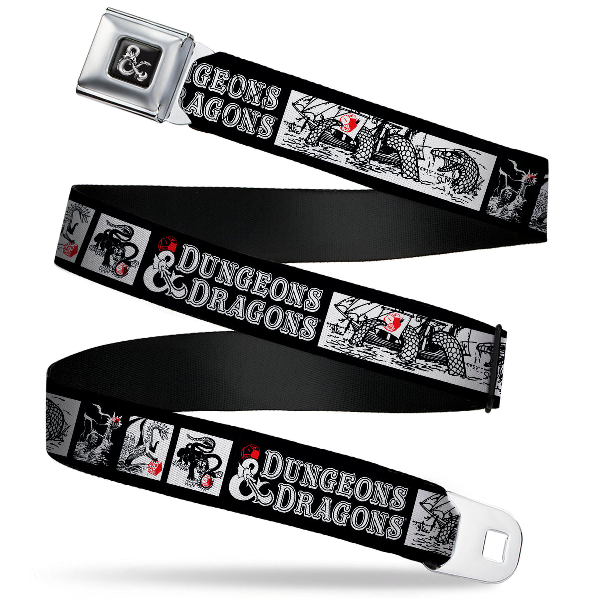 Dungeons & Dragons Ampersand Logo Full Color Black/Gray Seatbelt Belt - DUNGEONS & DRAGONS Text and Monster Illustration Blocks Black/White Webbing Seatbelt Belts Dungeons & Dragons