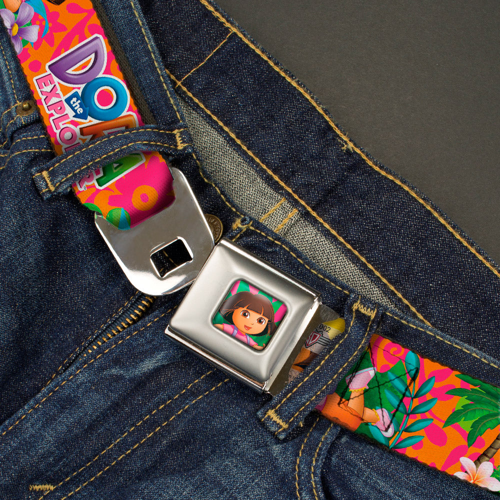 Dora Pose Full Color Pink/Green Seatbelt Belt - DORA THE EXPLORER Dora Poses/Floral Collage Orange/Pink Webbing Seatbelt Belts Dora the Explorer
