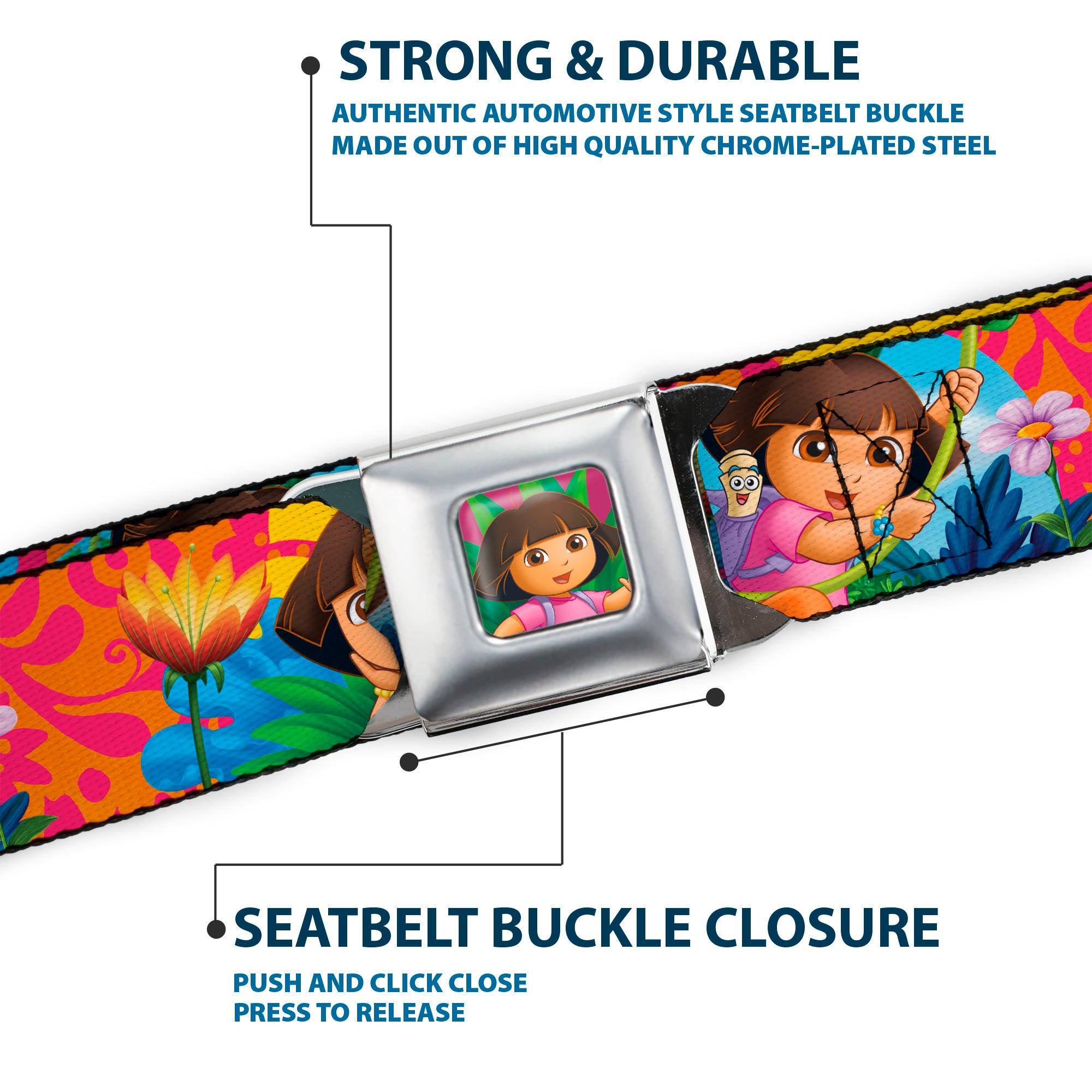 Dora Pose Full Color Pink/Green Seatbelt Belt - DORA THE EXPLORER Dora Poses/Floral Collage Orange/Pink Webbing Seatbelt Belts Dora the Explorer