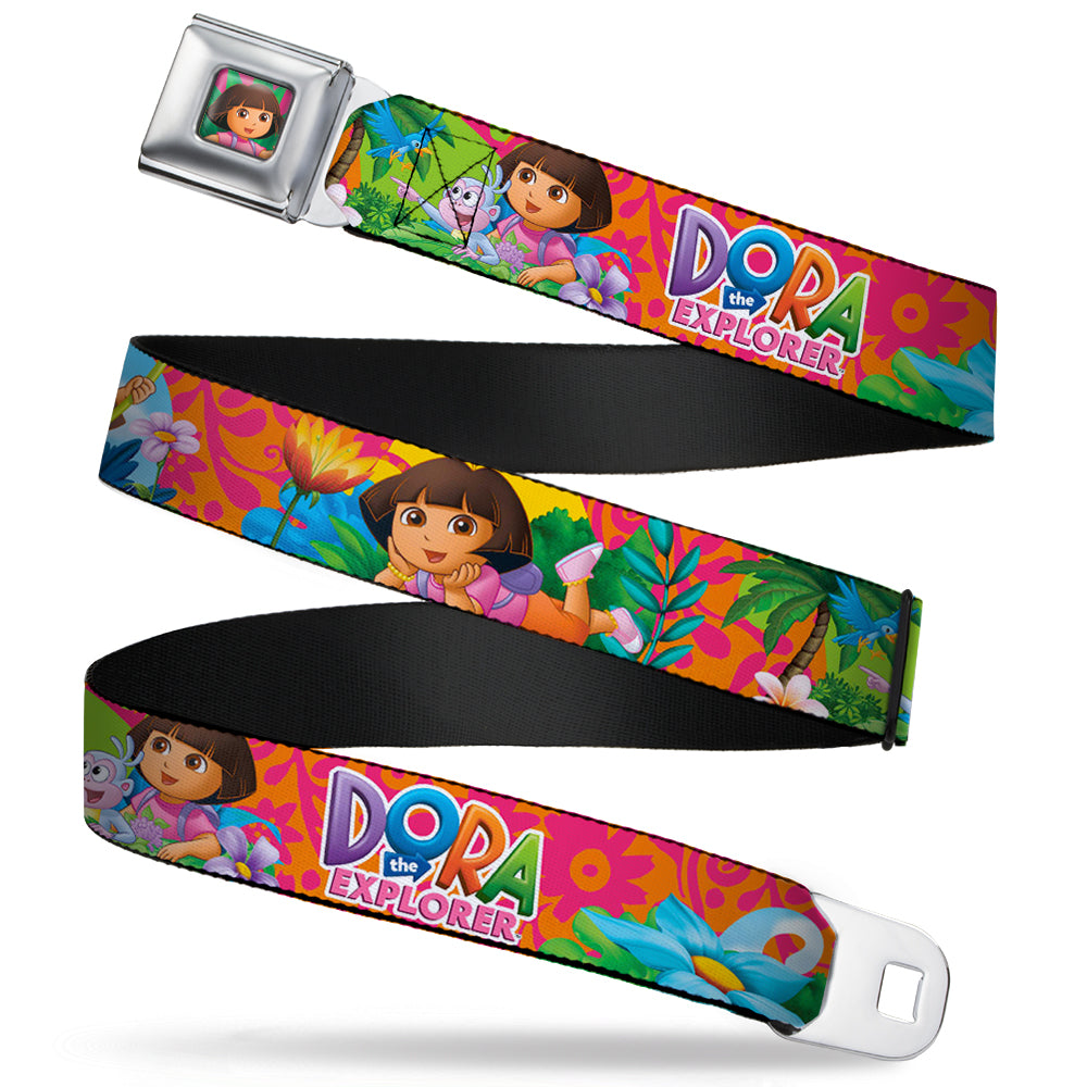 Dora Pose Full Color Pink/Green Seatbelt Belt - DORA THE EXPLORER Dora Poses/Floral Collage Orange/Pink Webbing Seatbelt Belts Dora the Explorer