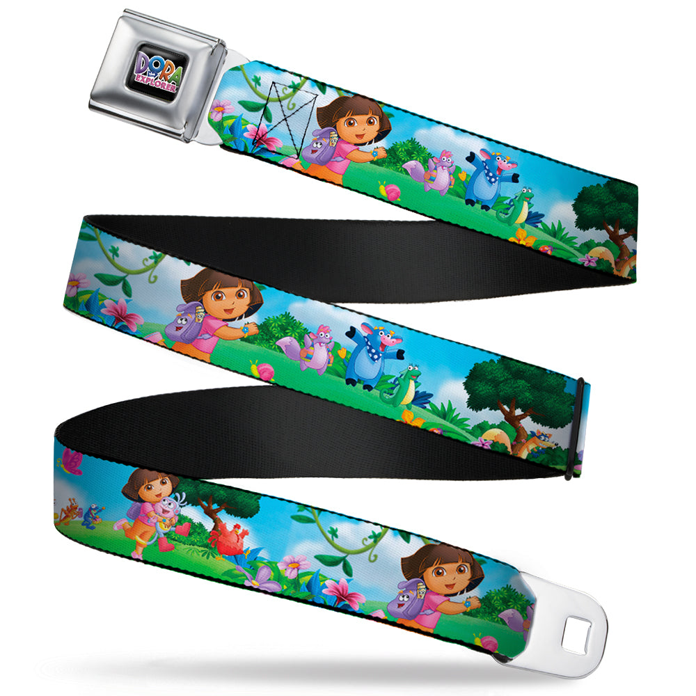 DORA THE EXPORER Logo Full Color Black Seatbelt Belt - Dora Running & Animal Friends Outdoors Webbing Seatbelt Belts Dora the Explorer