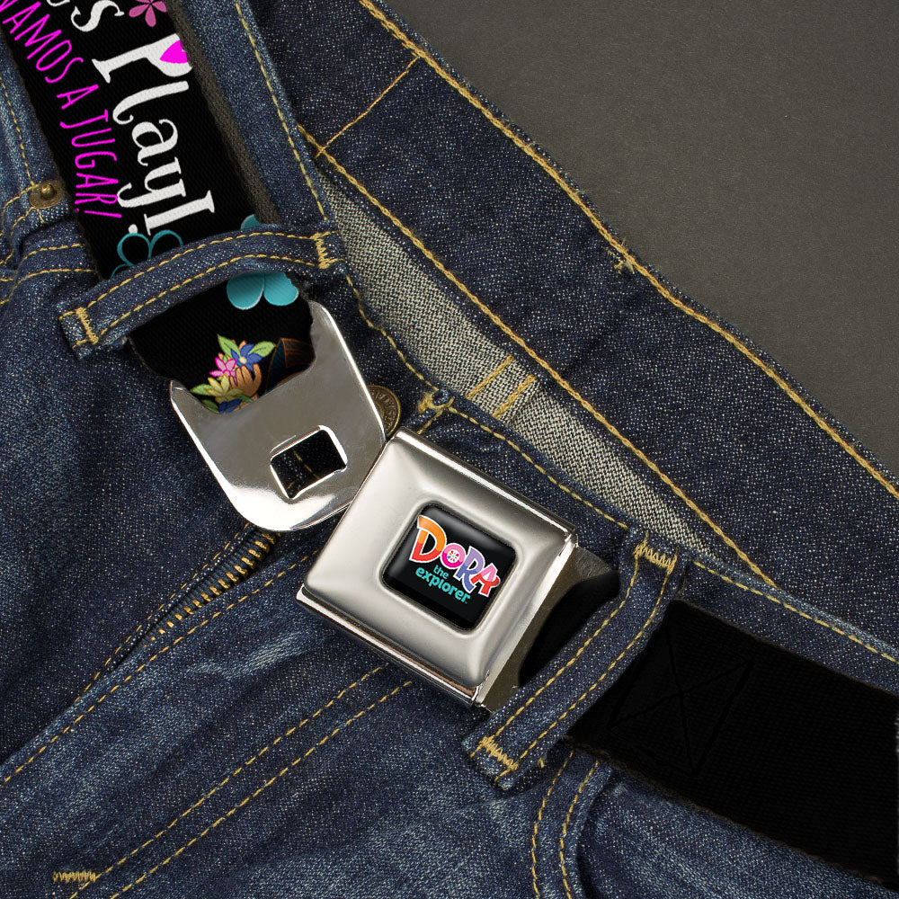DORA THE EXPORER Logo2 Full Color Black/Multi Color Seatbelt Belt - Dora & Boots Pose/Floral LET'S PLAY!/VAMOS A JUGAR! Black/White/Multi Color Webbing Seatbelt Belts Dora the Explorer