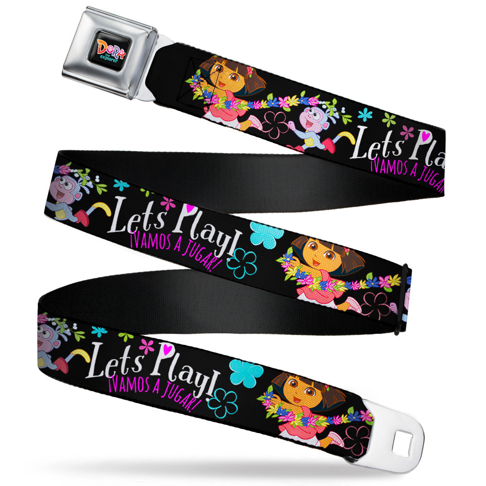 DORA THE EXPORER Logo2 Full Color Black/Multi Color Seatbelt Belt - Dora & Boots Pose/Floral LET'S PLAY!/VAMOS A JUGAR! Black/White/Multi Color Webbing Seatbelt Belts Dora the Explorer