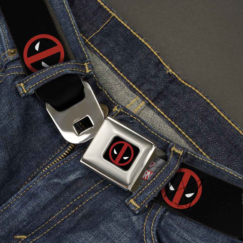 Deadpool Logo Full Color Black/Red/White Seatbelt Belt - Deadpool Logo Black/Red/White Webbing Seatbelt Belts Marvel Comics