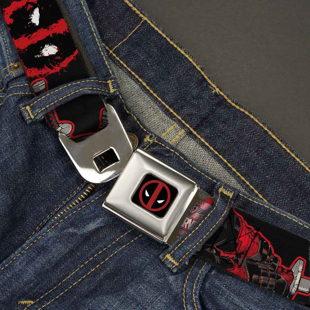 Deadpool Logo Full Color Black/Red/White Seatbelt Belt - Deadpool 2-Action Poses/Splatter Logo Black/Red/White Webbing Seatbelt Belts Marvel Comics