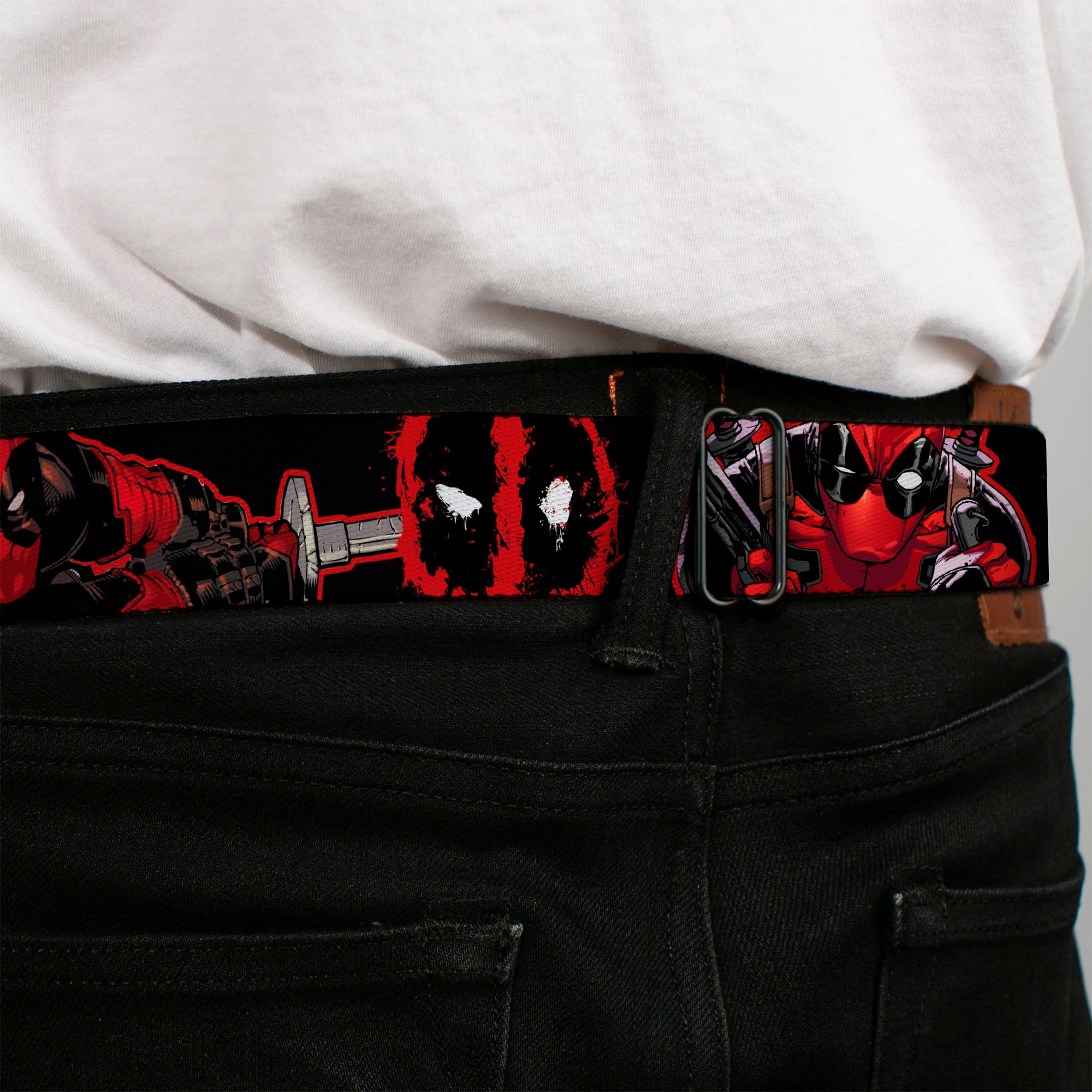 Deadpool Logo Full Color Black/Red/White Seatbelt Belt - Deadpool 2-Action Poses/Splatter Logo Black/Red/White Webbing Seatbelt Belts Marvel Comics