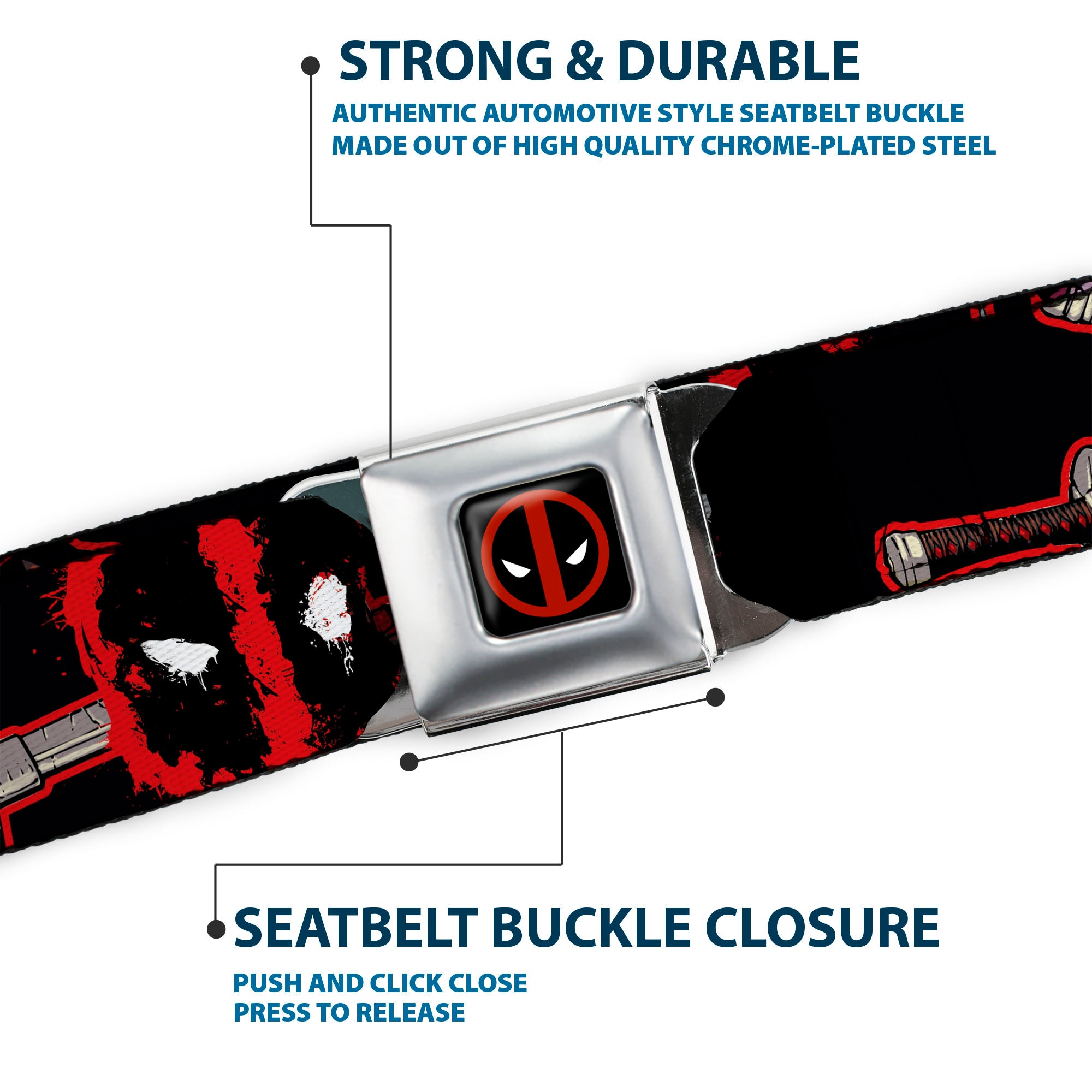 Deadpool Logo Full Color Black/Red/White Seatbelt Belt - Deadpool 2-Action Poses/Splatter Logo Black/Red/White Webbing Seatbelt Belts Marvel Comics