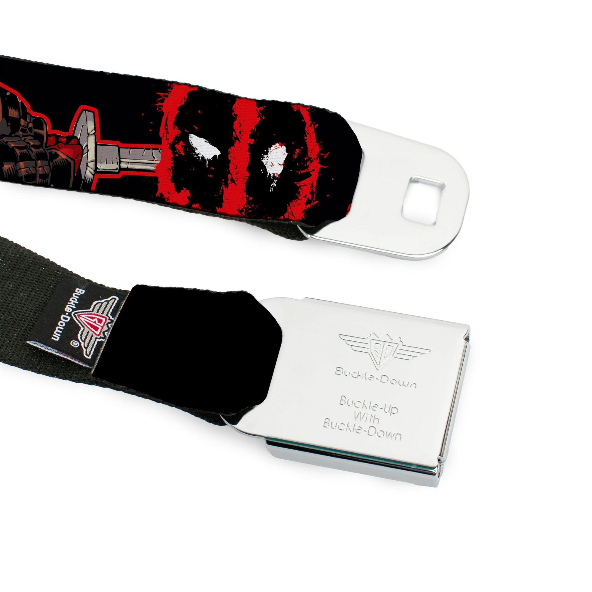 Deadpool Logo Full Color Black/Red/White Seatbelt Belt - Deadpool 2-Action Poses/Splatter Logo Black/Red/White Webbing Seatbelt Belts Marvel Comics