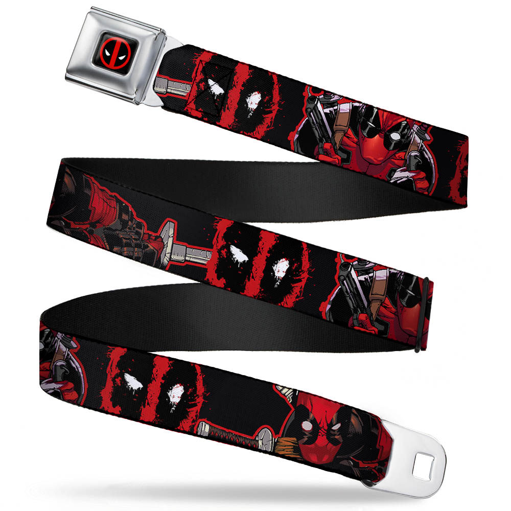 Deadpool Logo Full Color Black/Red/White Seatbelt Belt - Deadpool 2-Action Poses/Splatter Logo Black/Red/White Webbing Seatbelt Belts Marvel Comics
