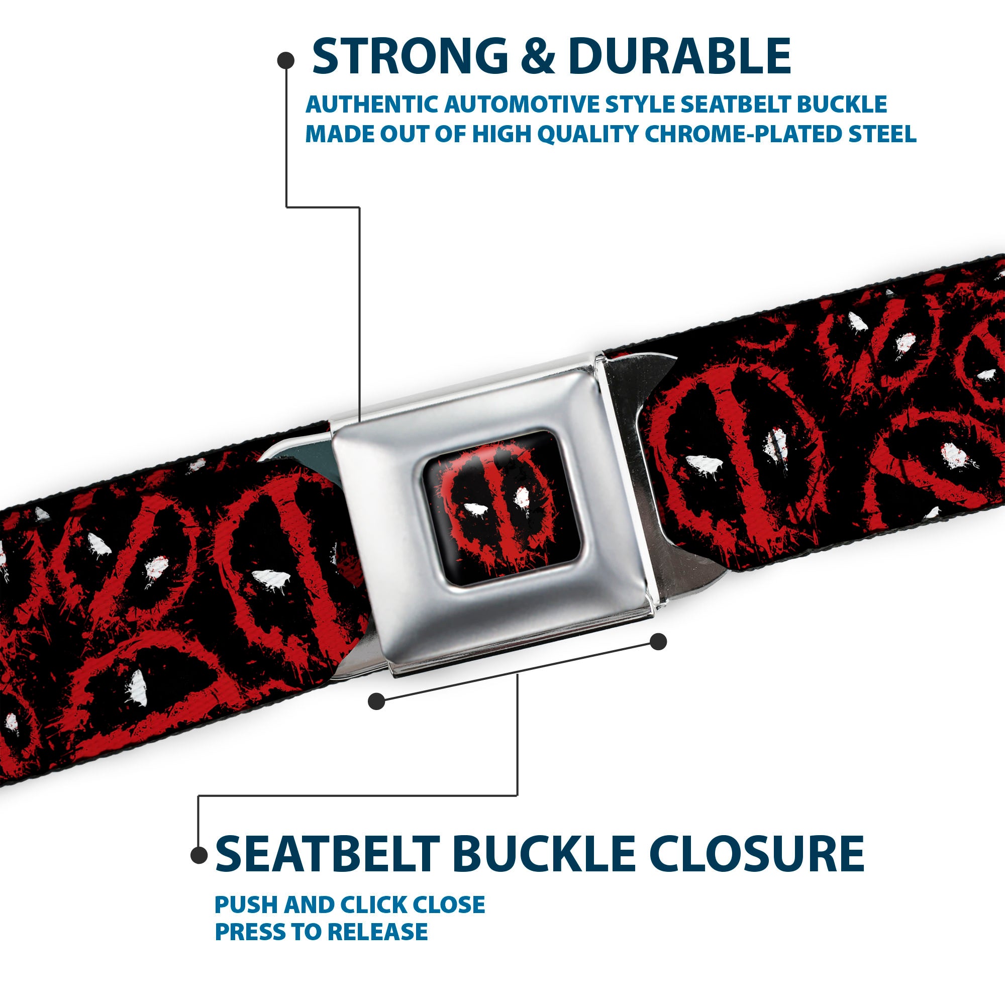 Deadpool Splatter Logo Black/Red/White Seatbelt Belt - Deadpool Splatter Logo Scattered Black/Red/White Webbing Seatbelt Belts Marvel Comics
