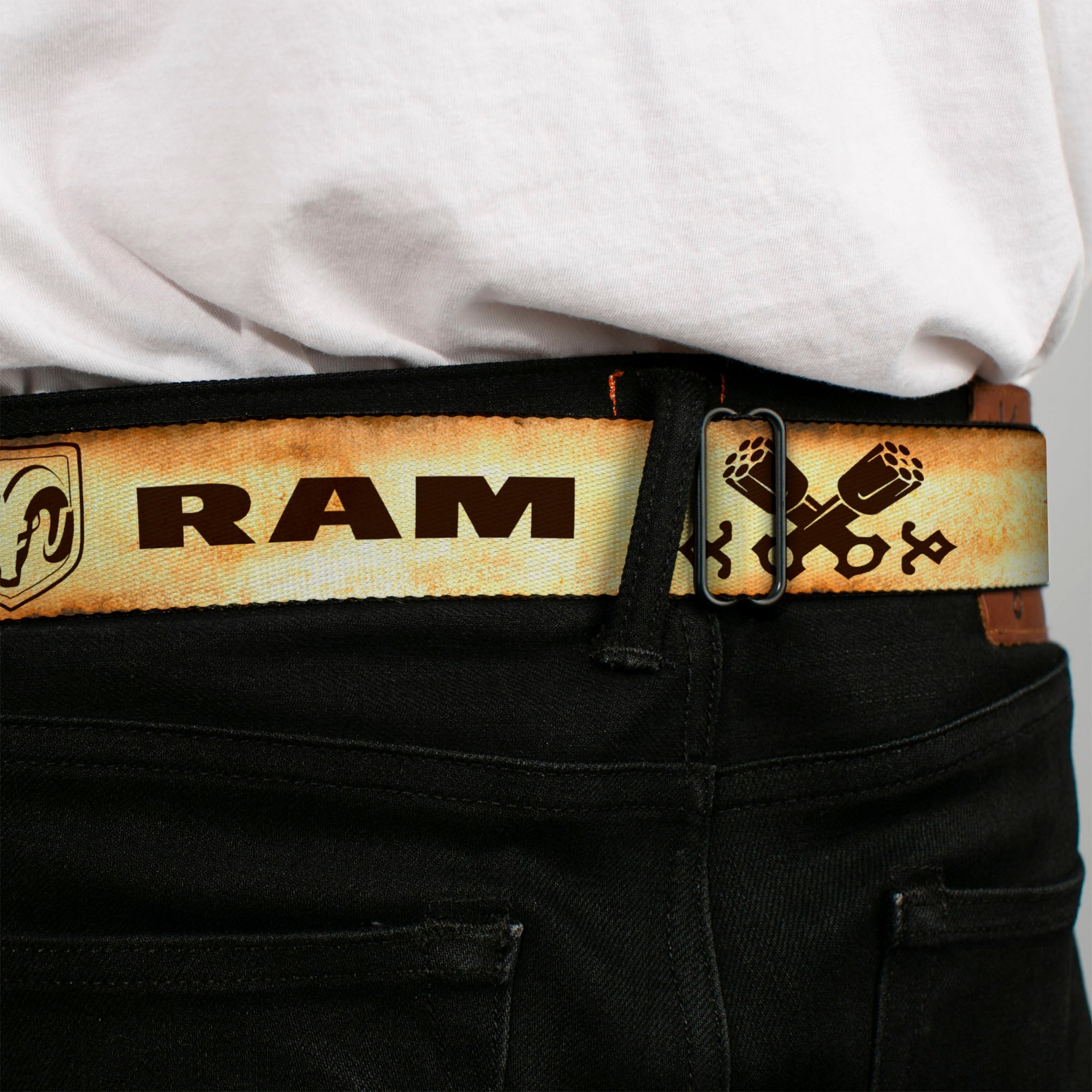 Ram Seatbelt Belt - RAM Logo/Pistons/GUTS-GLORY Weathered/Chocolate Brown Webbing Seatbelt Belts Ram