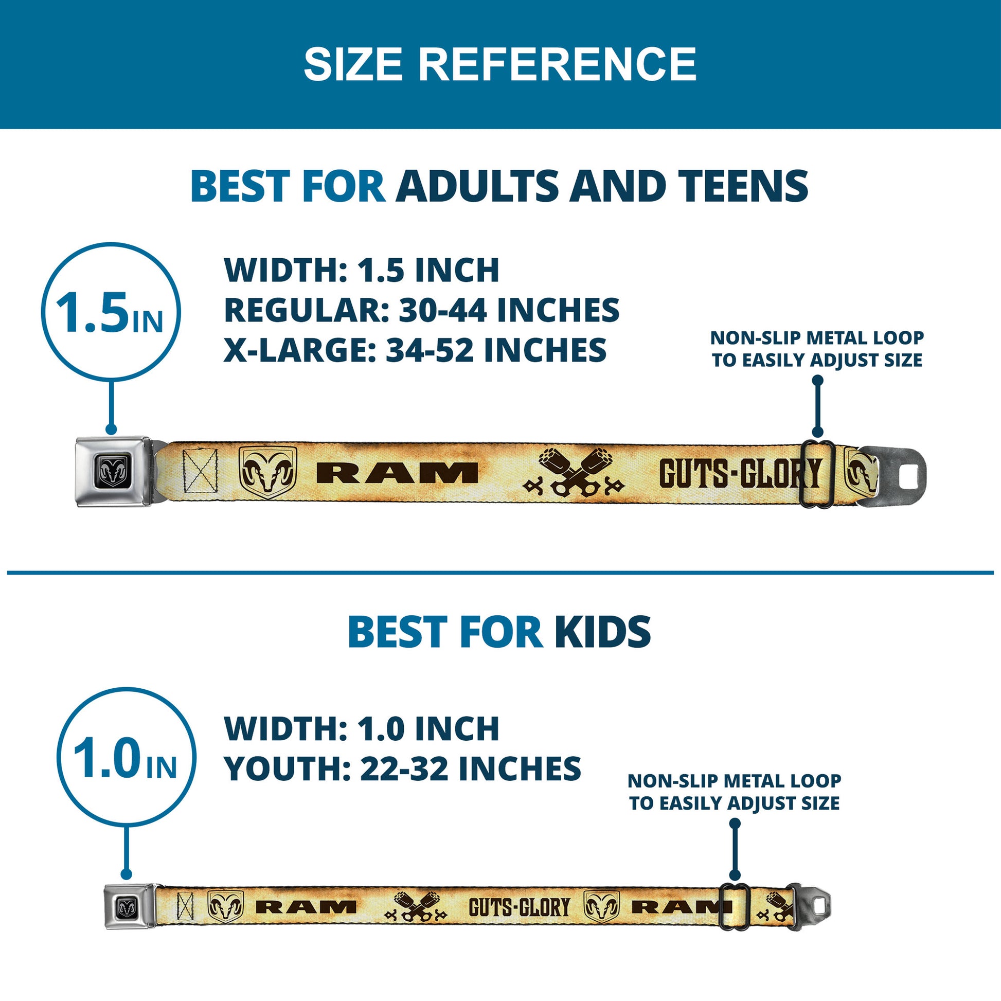 Ram Seatbelt Belt - RAM Logo/Pistons/GUTS-GLORY Weathered/Chocolate Brown Webbing Seatbelt Belts Ram