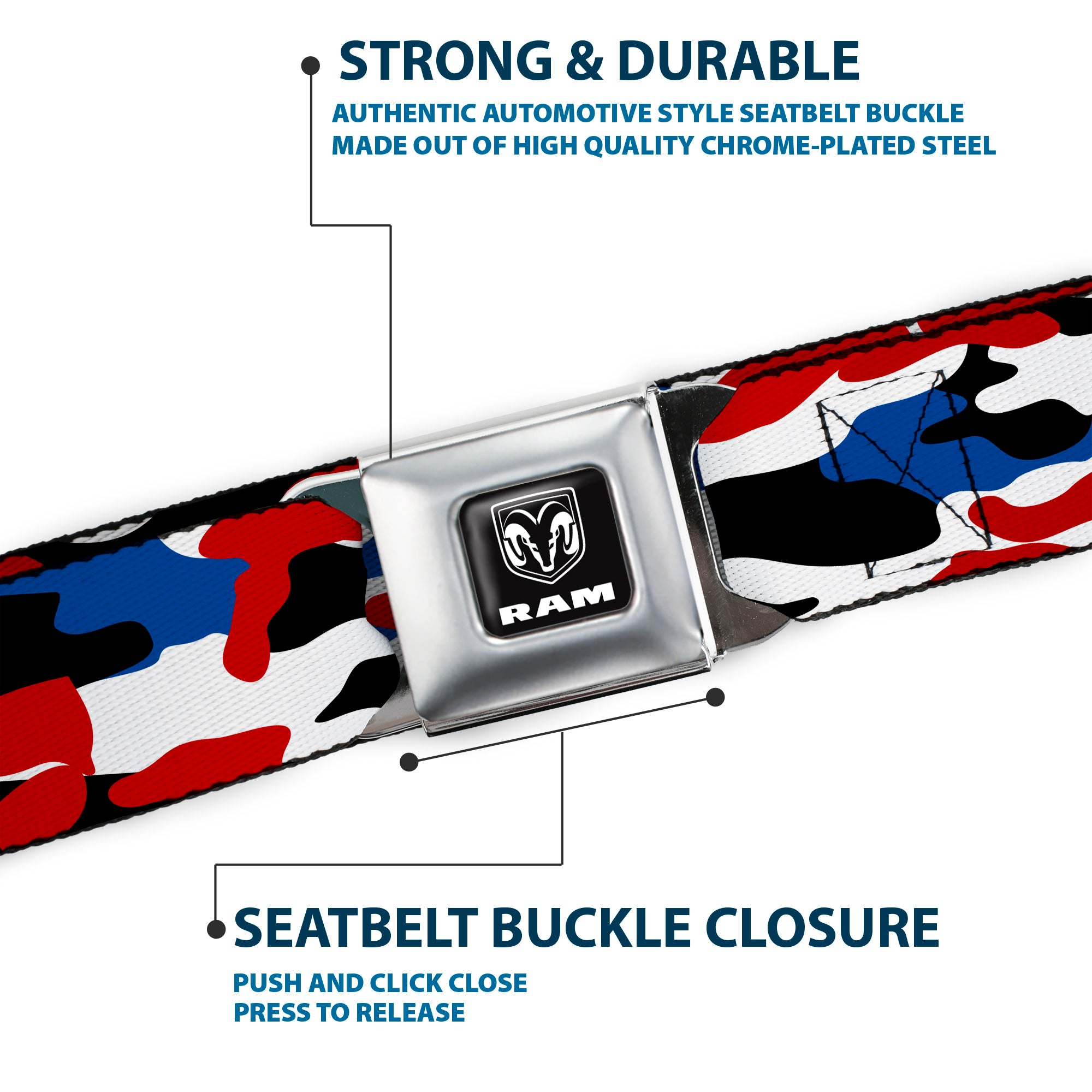 RAM Logo Full Color Black/White Seatbelt Belt - Ram Americana Camo Red/White/Blue/Black Webbing Seatbelt Belts Ram