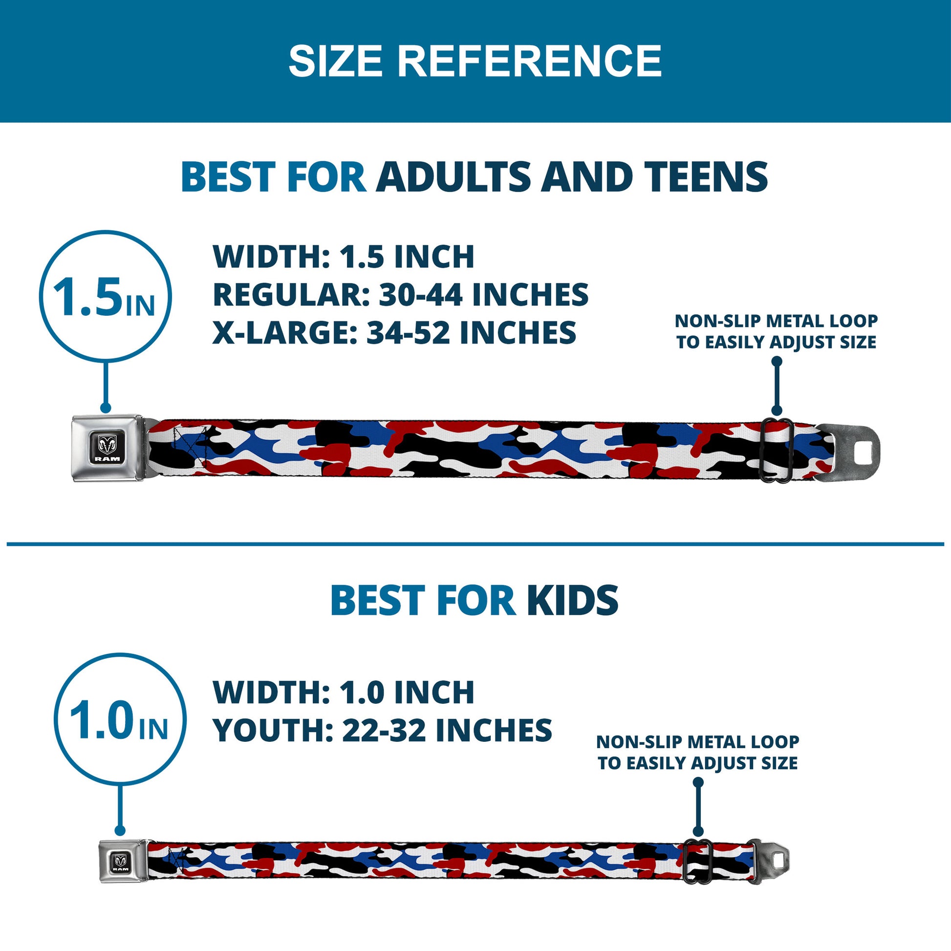 RAM Logo Full Color Black/White Seatbelt Belt - Ram Americana Camo Red/White/Blue/Black Webbing Seatbelt Belts Ram