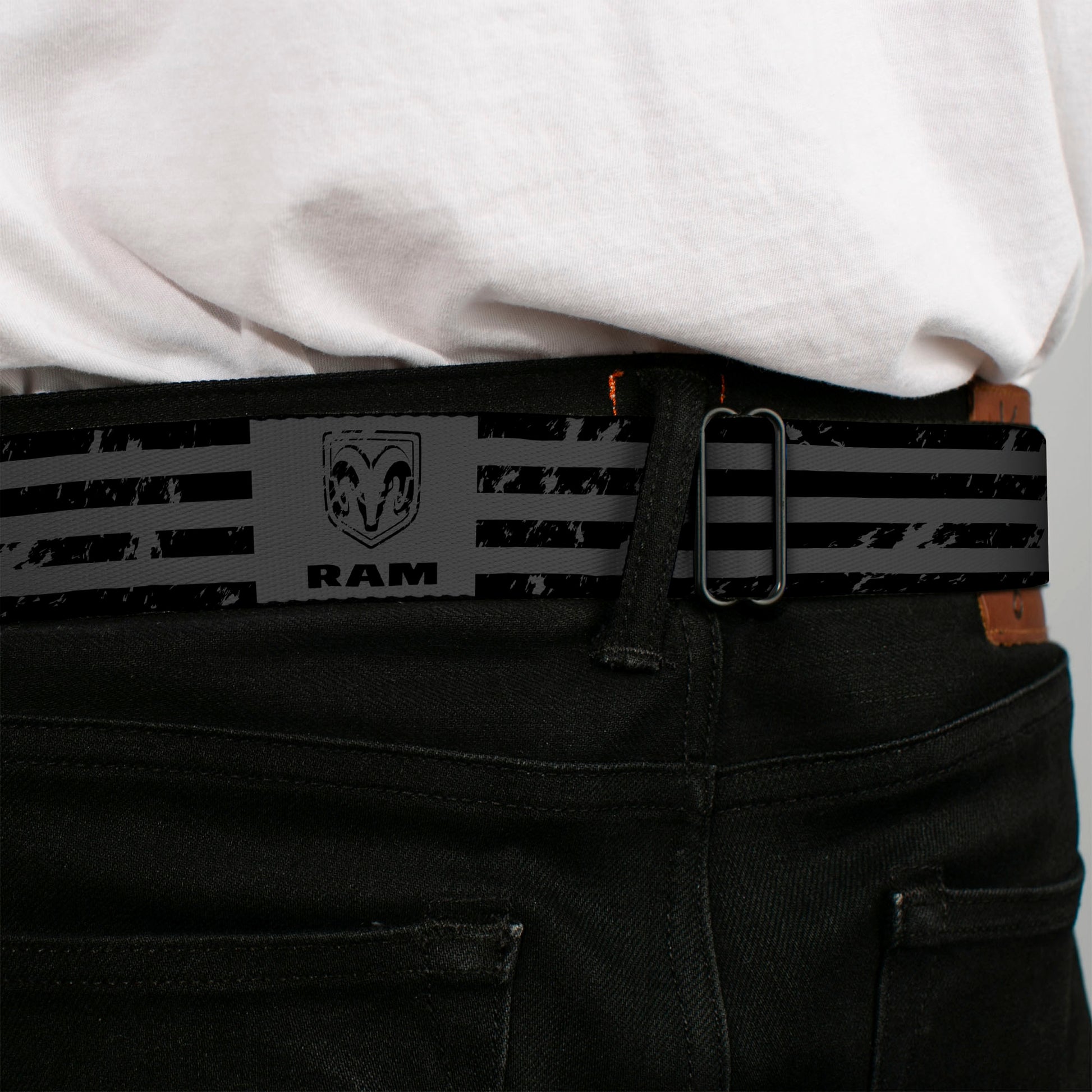 Ram Seatbelt Belt - Ram Logo Americana Stripes Weathered Gray/Black Webbing Seatbelt Belts Ram