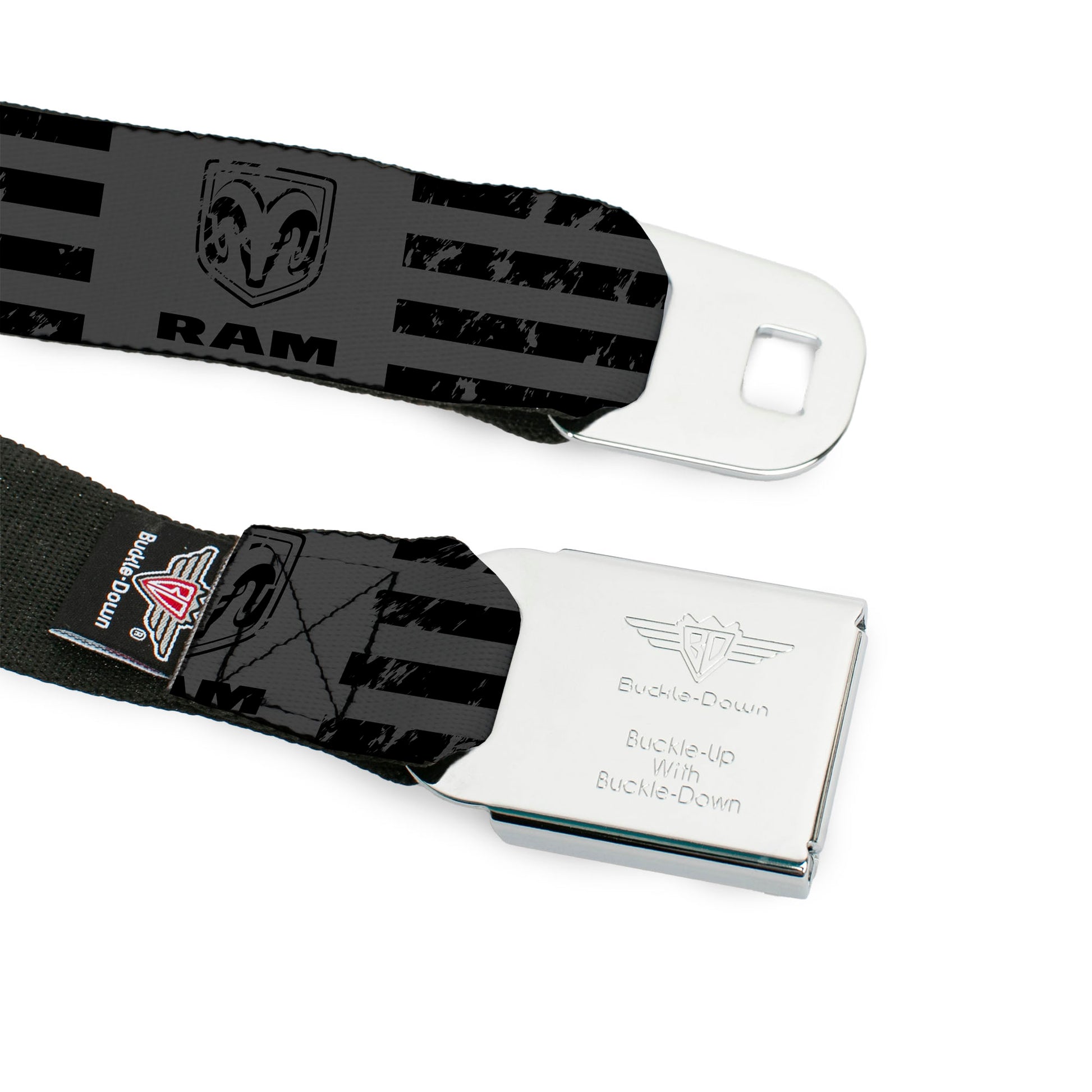 RAM Logo Full Color Black/White Seatbelt Belt - Ram Logo Americana Stripes Weathered Gray/Black Webbing Seatbelt Belts Ram