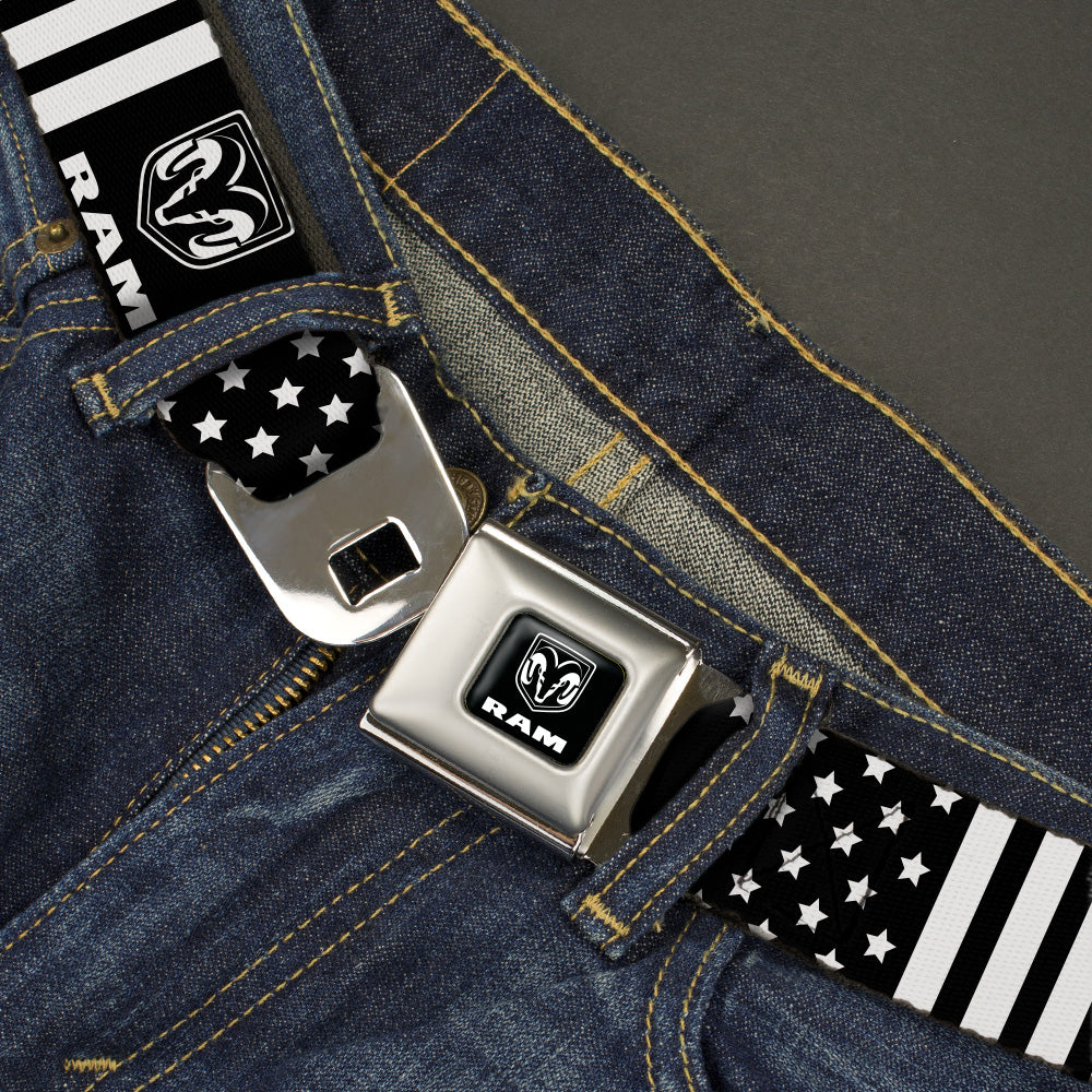 RAM Logo Full Color Black/White Seatbelt Belt - RAM Logo Americana Stars and Stripes Black/White Webbing Seatbelt Belts Ram