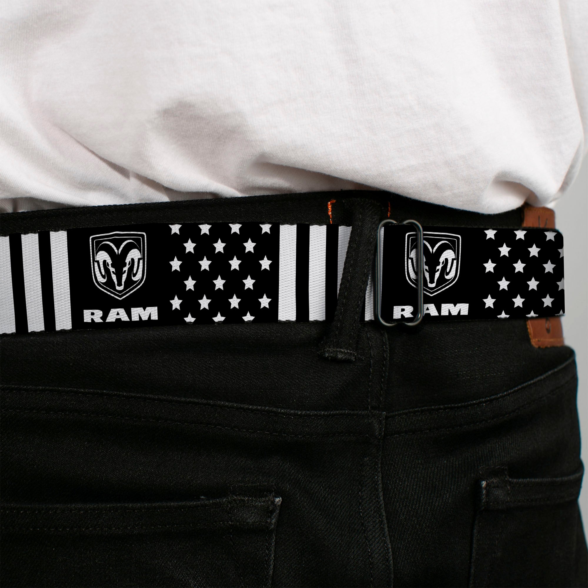 RAM Logo Full Color Black/White Seatbelt Belt - RAM Logo Americana Stars and Stripes Black/White Webbing Seatbelt Belts Ram