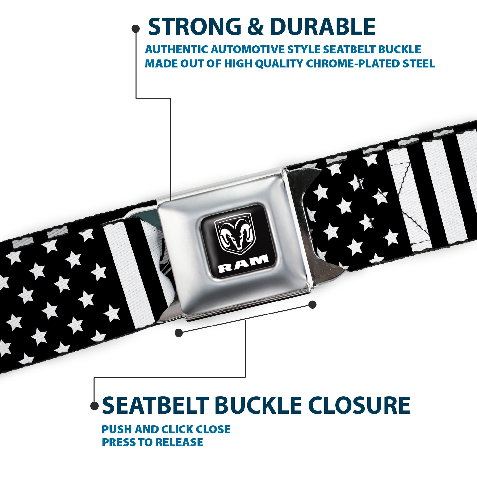 RAM Logo Full Color Black/White Seatbelt Belt - RAM Logo Americana Stars and Stripes Black/White Webbing Seatbelt Belts Ram