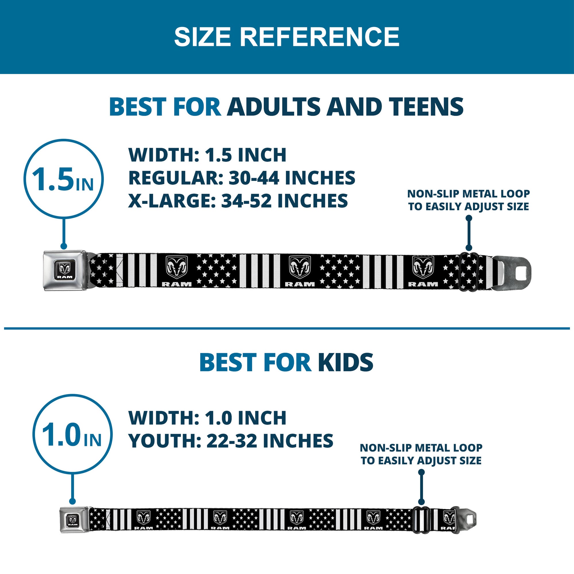 RAM Logo Full Color Black/White Seatbelt Belt - RAM Logo Americana Stars and Stripes Black/White Webbing Seatbelt Belts Ram