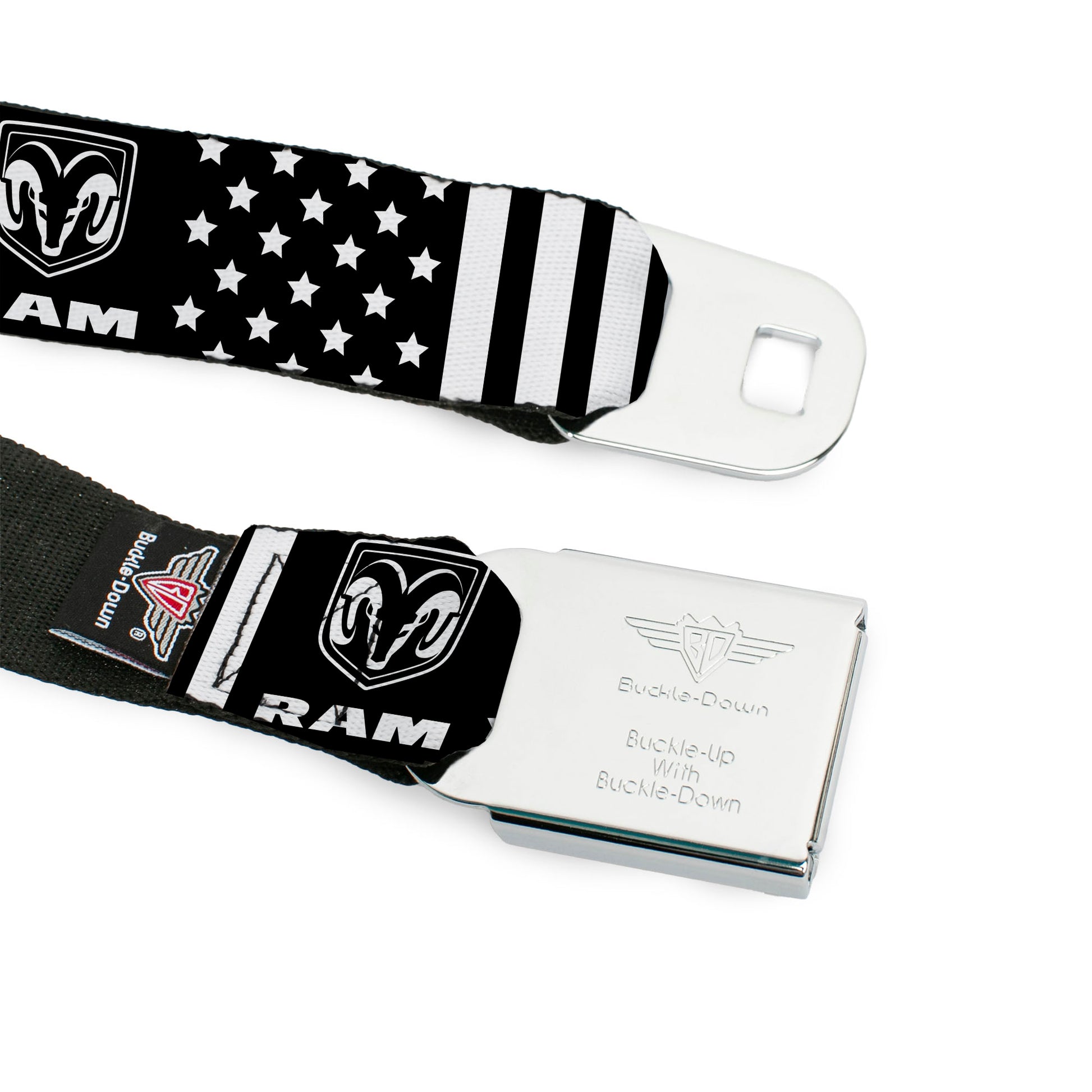 RAM Logo Full Color Black/White Seatbelt Belt - RAM Logo Americana Stars and Stripes Black/White Webbing Seatbelt Belts Ram