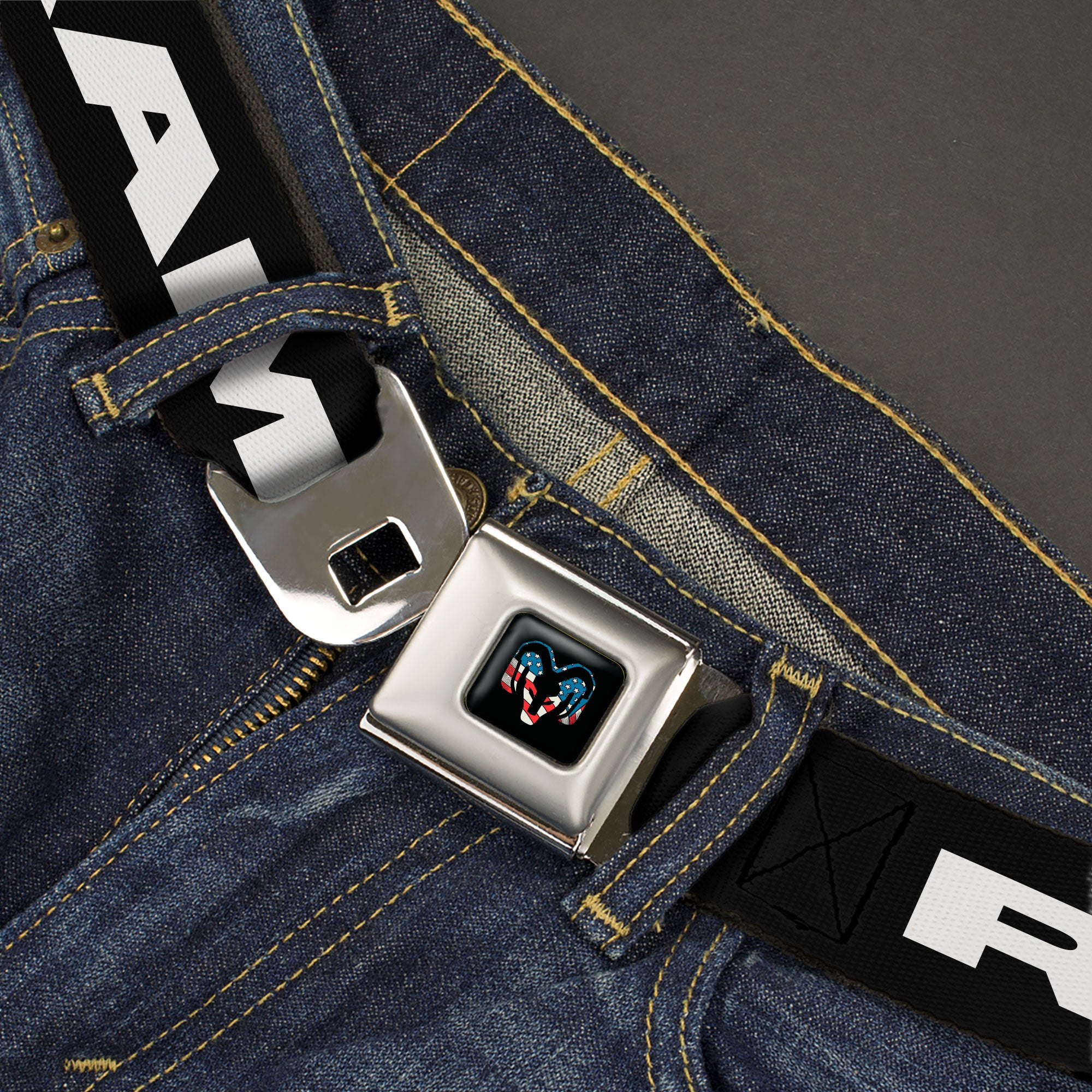 Ram Trucks Americana Logo Full Color Black/Red/White/Logo Seatbelt Belt - RAM Text Americana Logo Black/Red/White/Logo Webbing