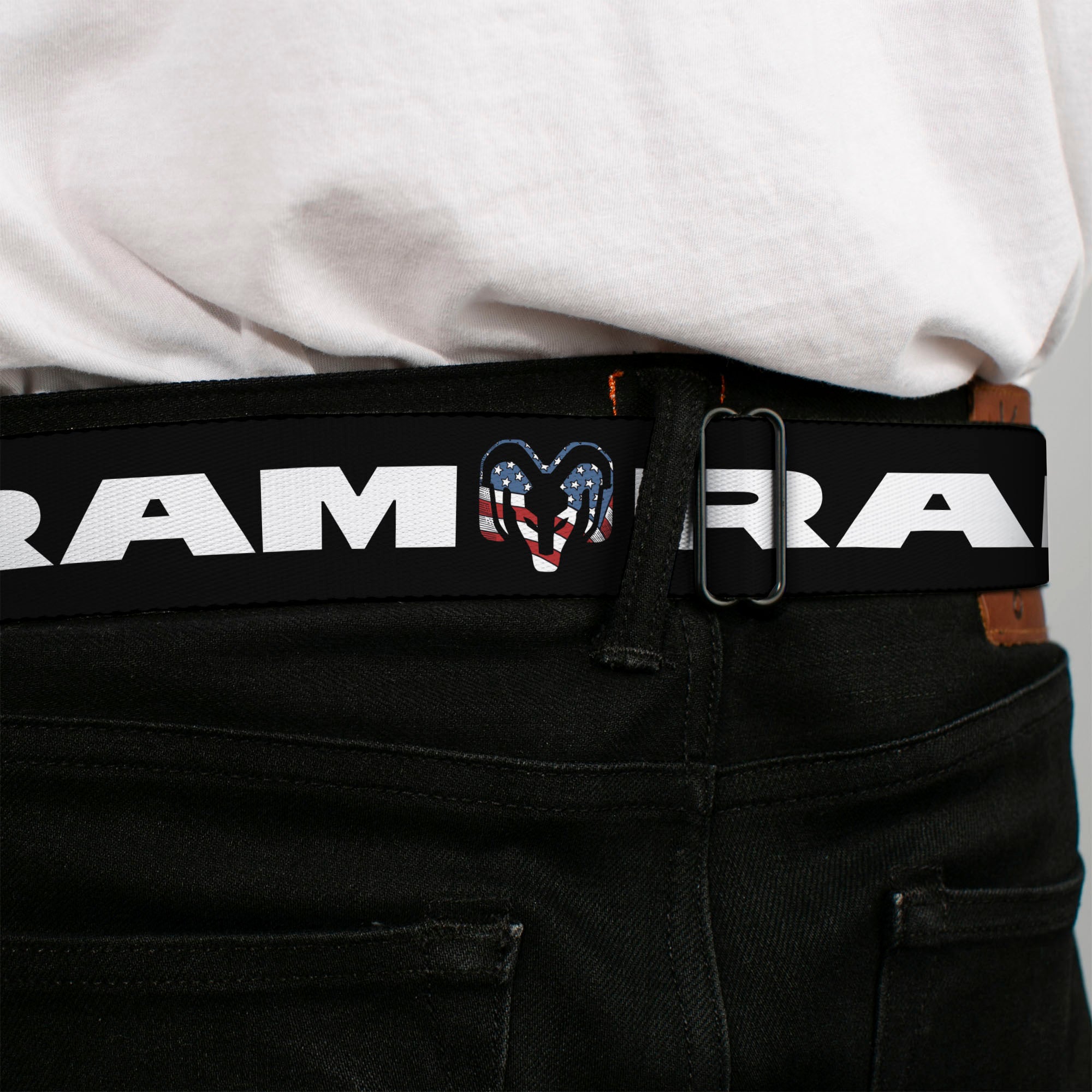 Ram Trucks Americana Logo Full Color Black/Red/White/Logo Seatbelt Belt - RAM Text Americana Logo Black/Red/White/Logo Webbing