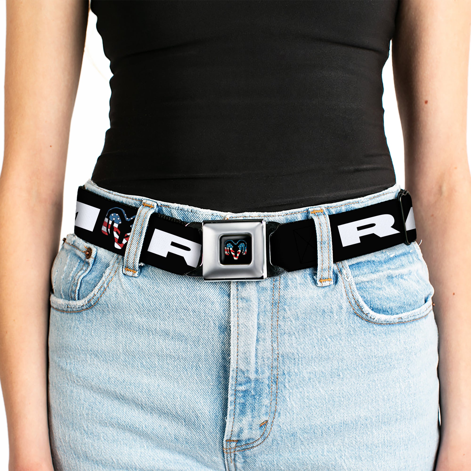 Ram Trucks Americana Logo Full Color Black/Red/White/Logo Seatbelt Belt - RAM Text Americana Logo Black/Red/White/Logo Webbing