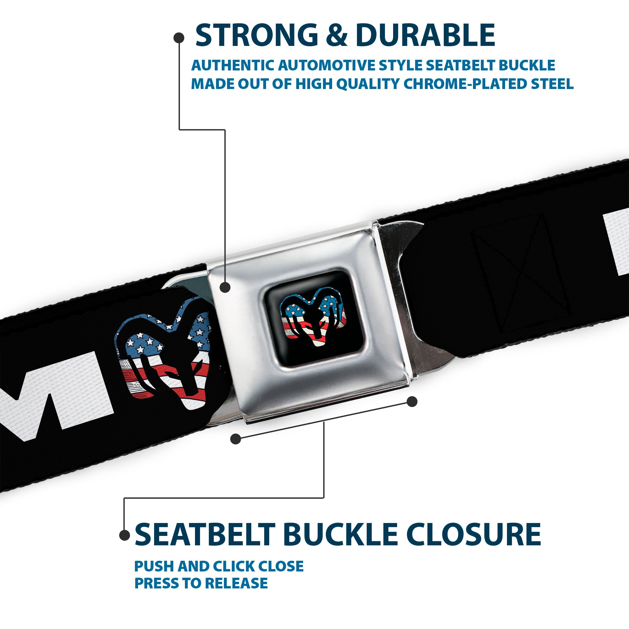 Ram Trucks Americana Logo Full Color Black/Red/White/Logo Seatbelt Belt - RAM Text Americana Logo Black/Red/White/Logo Webbing