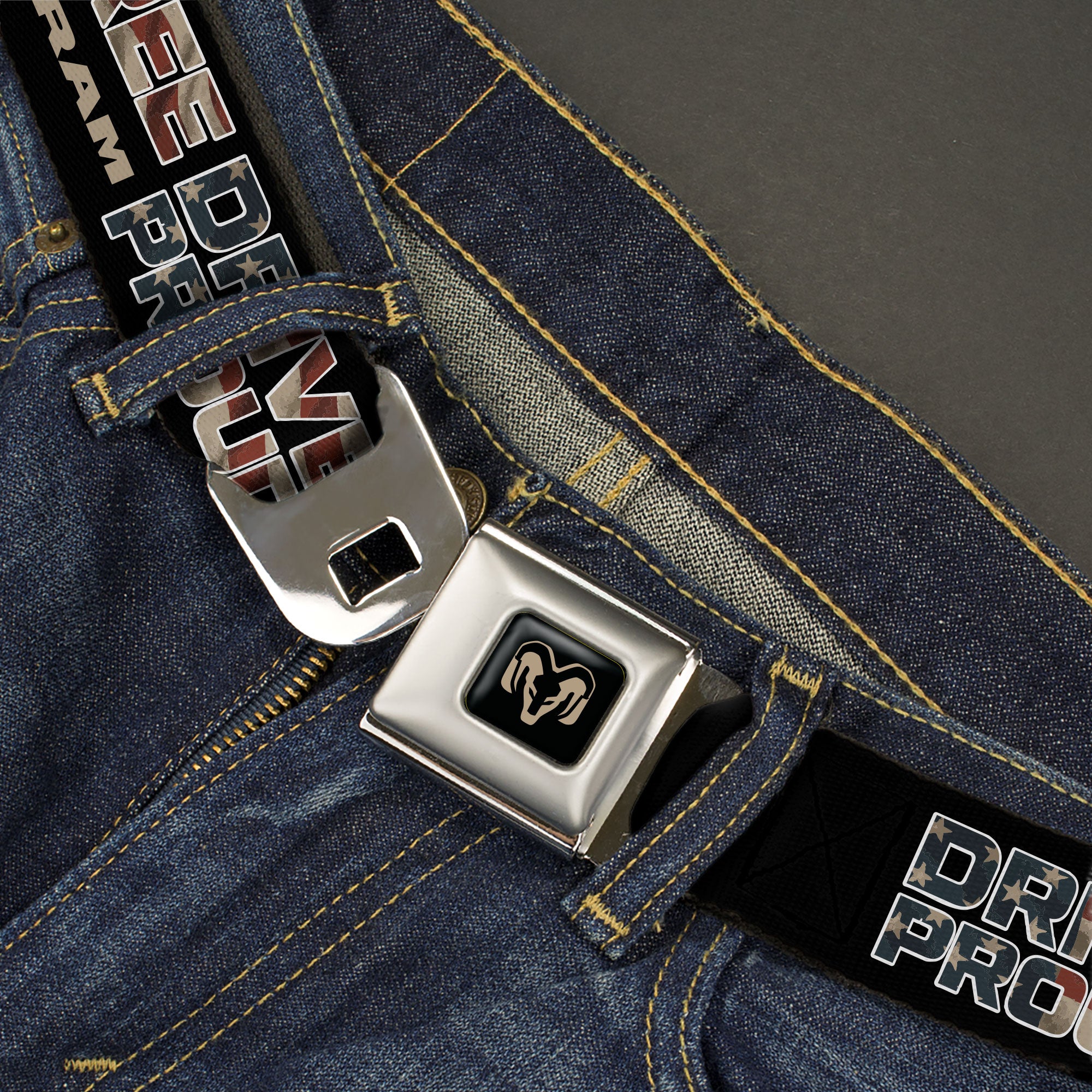 Ram Logo Full Color Black/Tan Seatbelt Belt - RAM DRIVE PROUD AND FREE Americana Black/Blue/Red/Tan Webbing