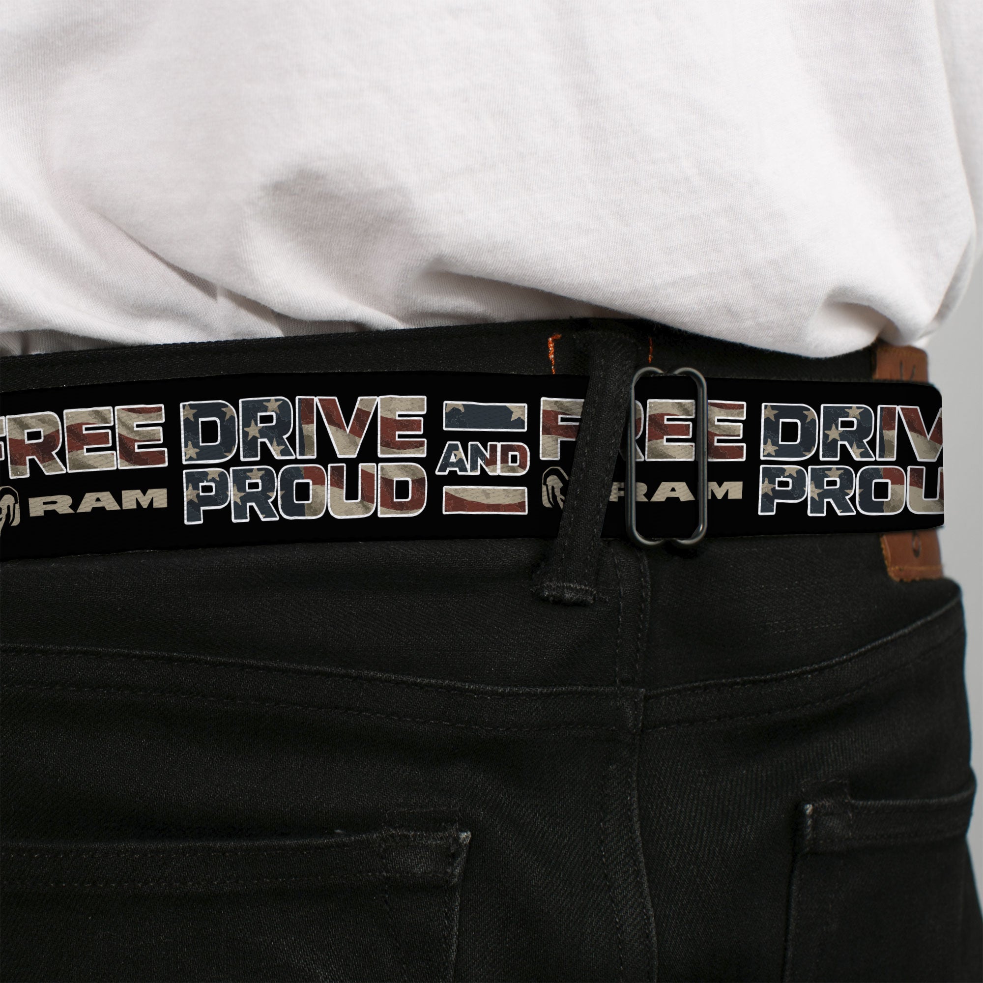 Ram Logo Full Color Black/Tan Seatbelt Belt - RAM DRIVE PROUD AND FREE Americana Black/Blue/Red/Tan Webbing