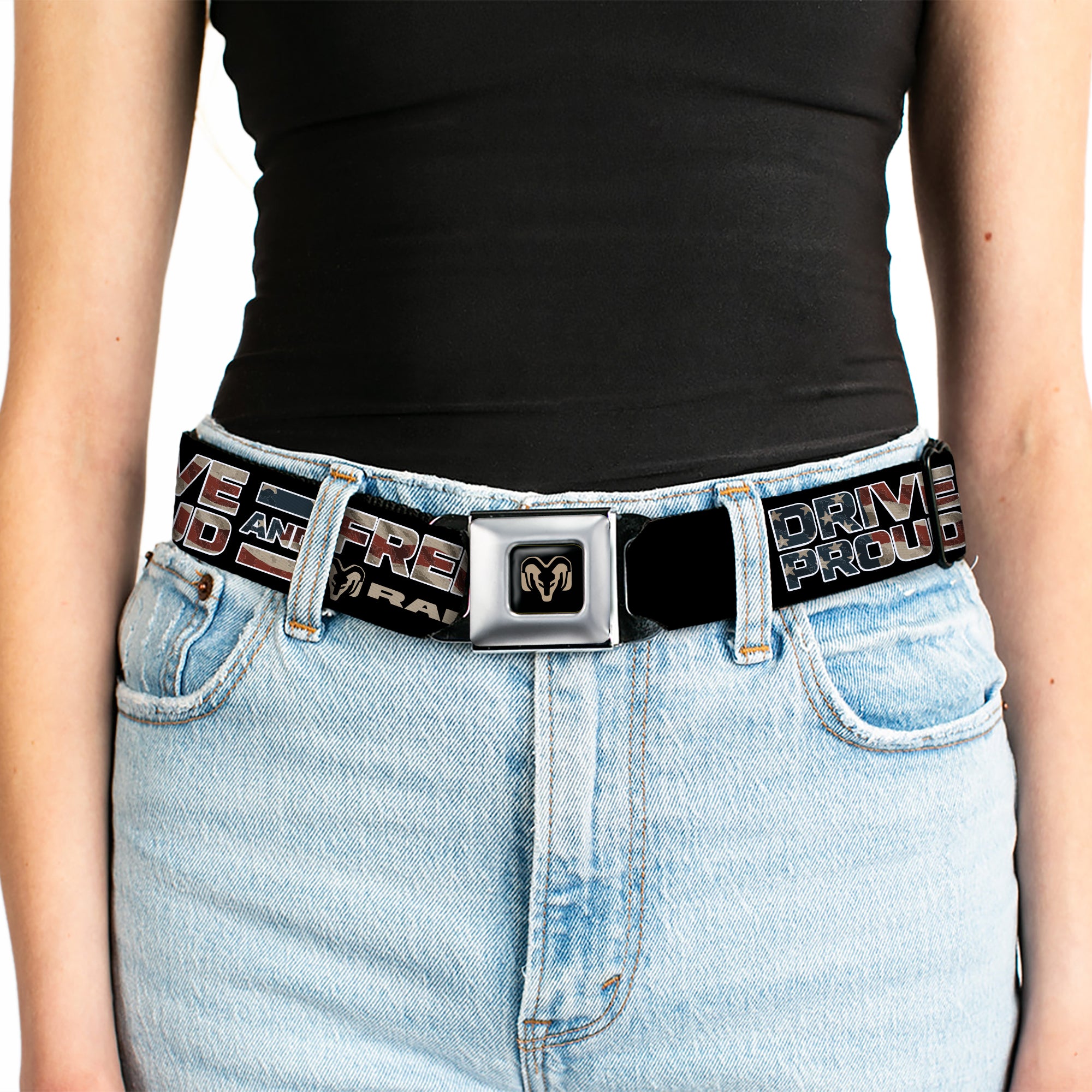Ram Logo Full Color Black/Tan Seatbelt Belt - RAM DRIVE PROUD AND FREE Americana Black/Blue/Red/Tan Webbing