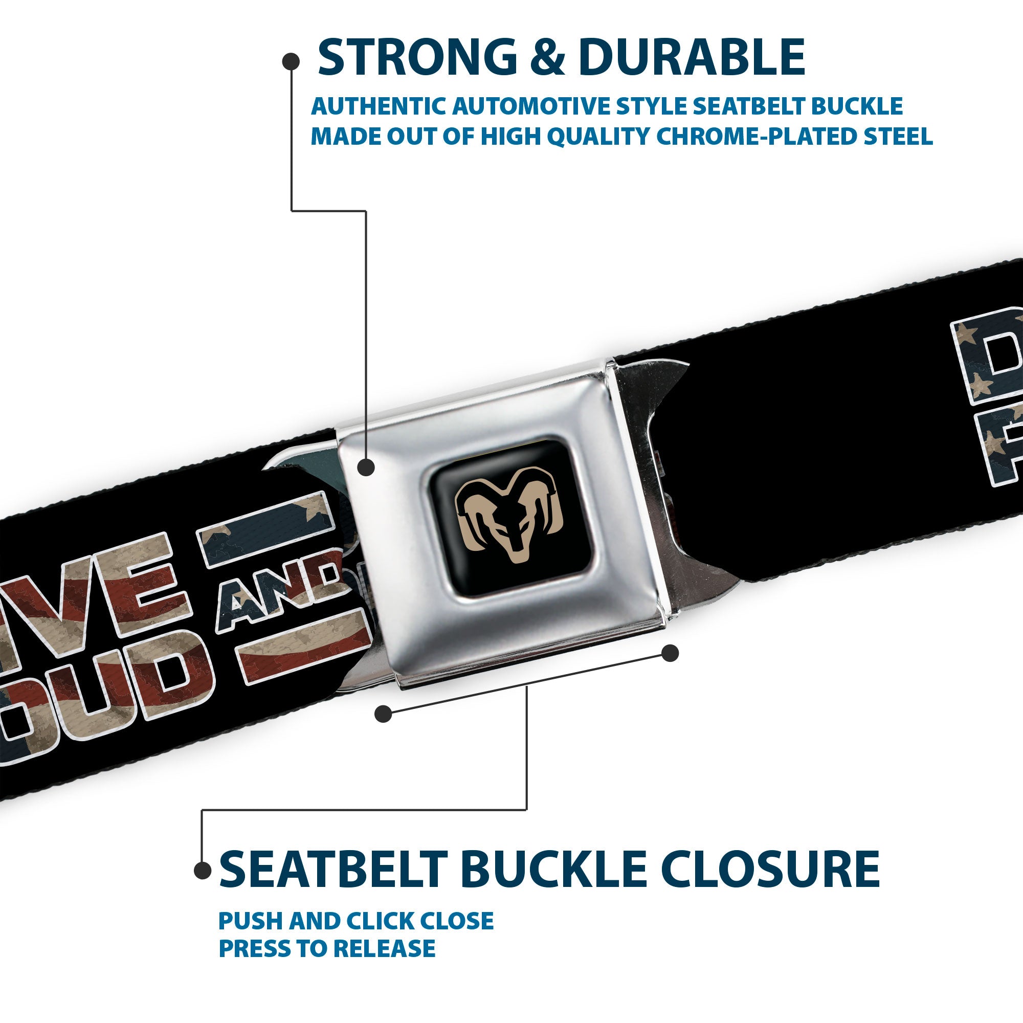 Ram Logo Full Color Black/Tan Seatbelt Belt - RAM DRIVE PROUD AND FREE Americana Black/Blue/Red/Tan Webbing