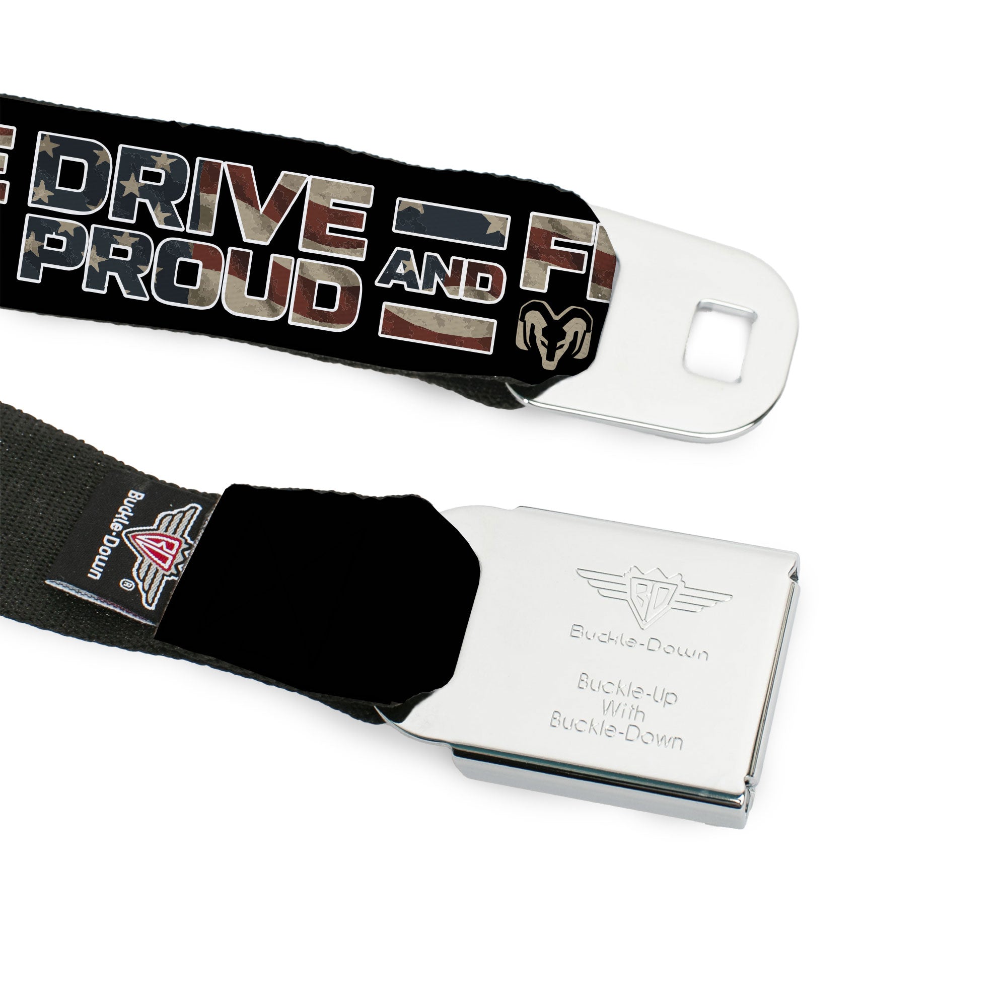 Ram Logo Full Color Black/Tan Seatbelt Belt - RAM DRIVE PROUD AND FREE Americana Black/Blue/Red/Tan Webbing