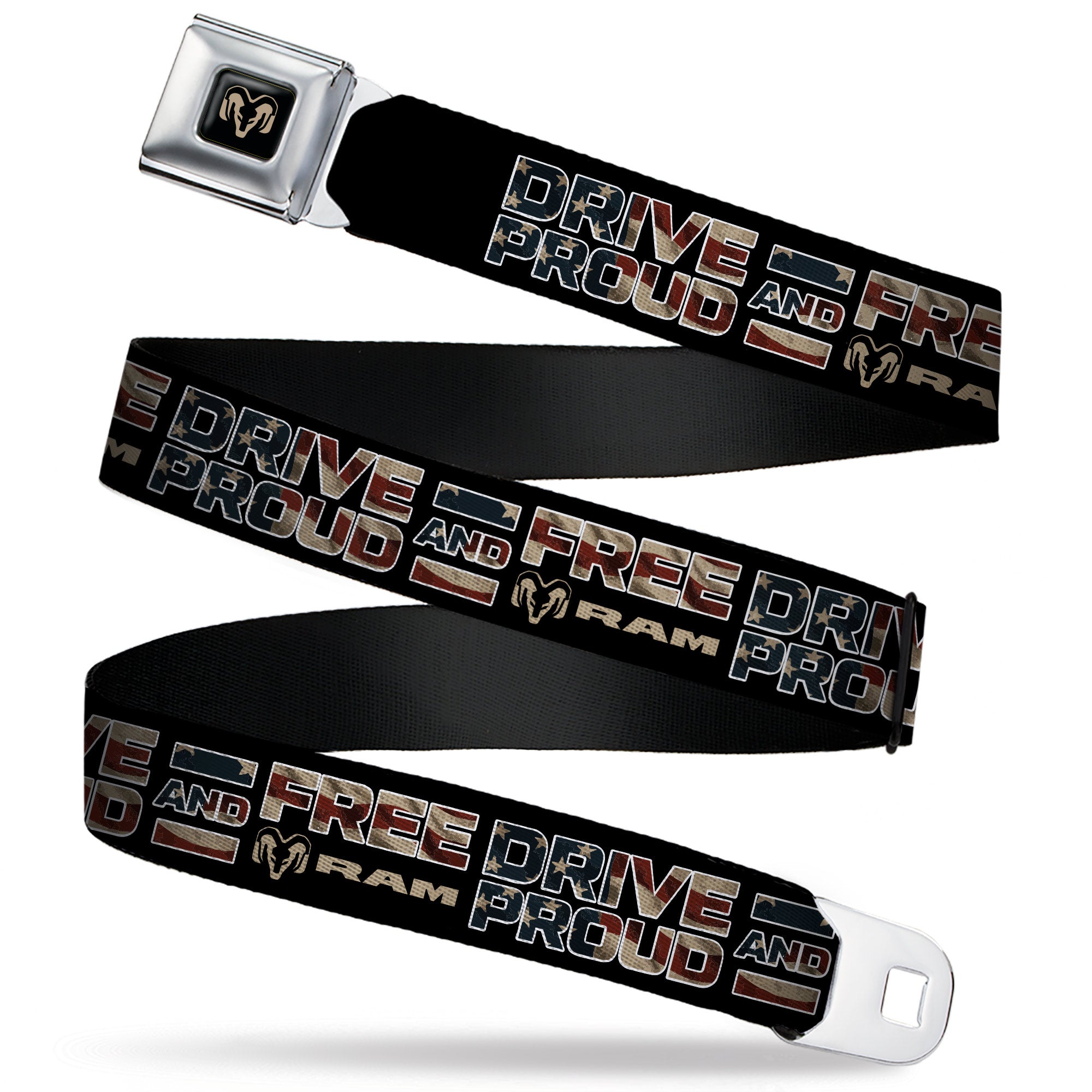Ram Logo Full Color Black/Tan Seatbelt Belt - RAM DRIVE PROUD AND FREE Americana Black/Blue/Red/Tan Webbing