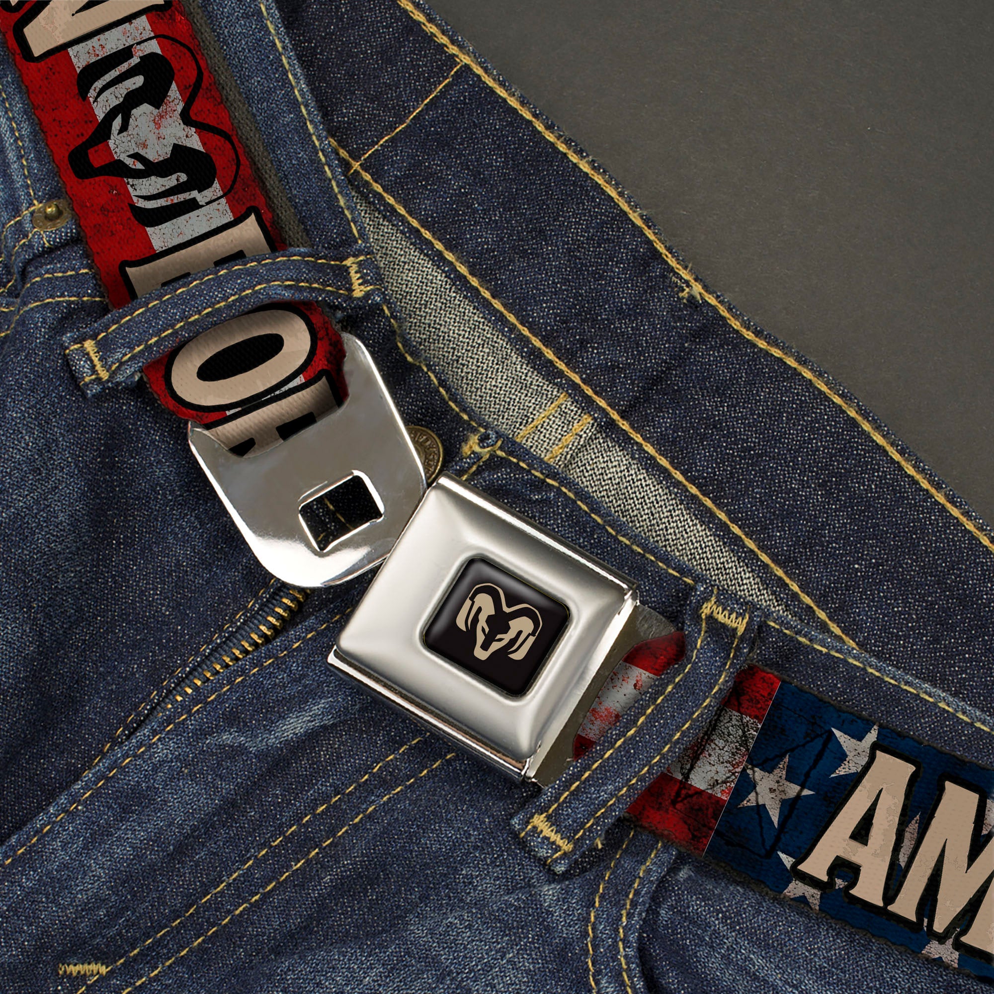 Ram Logo Full Color Black/Tan Seatbelt Belt - Ram AMERICAN BORN Stars and Stripes Logo Webbing Seatbelt Belts Ram