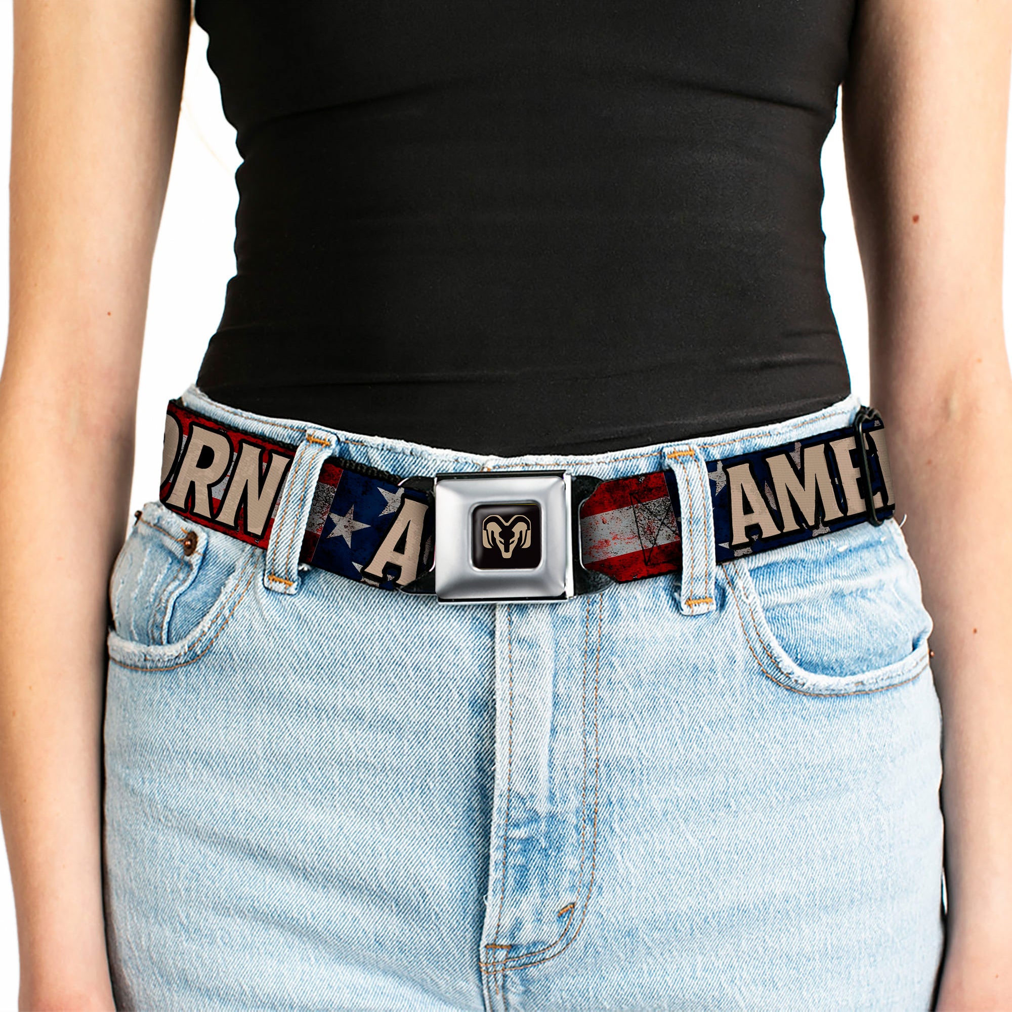 Ram Logo Full Color Black/Tan Seatbelt Belt - Ram AMERICAN BORN Stars and Stripes Logo Webbing Seatbelt Belts Ram