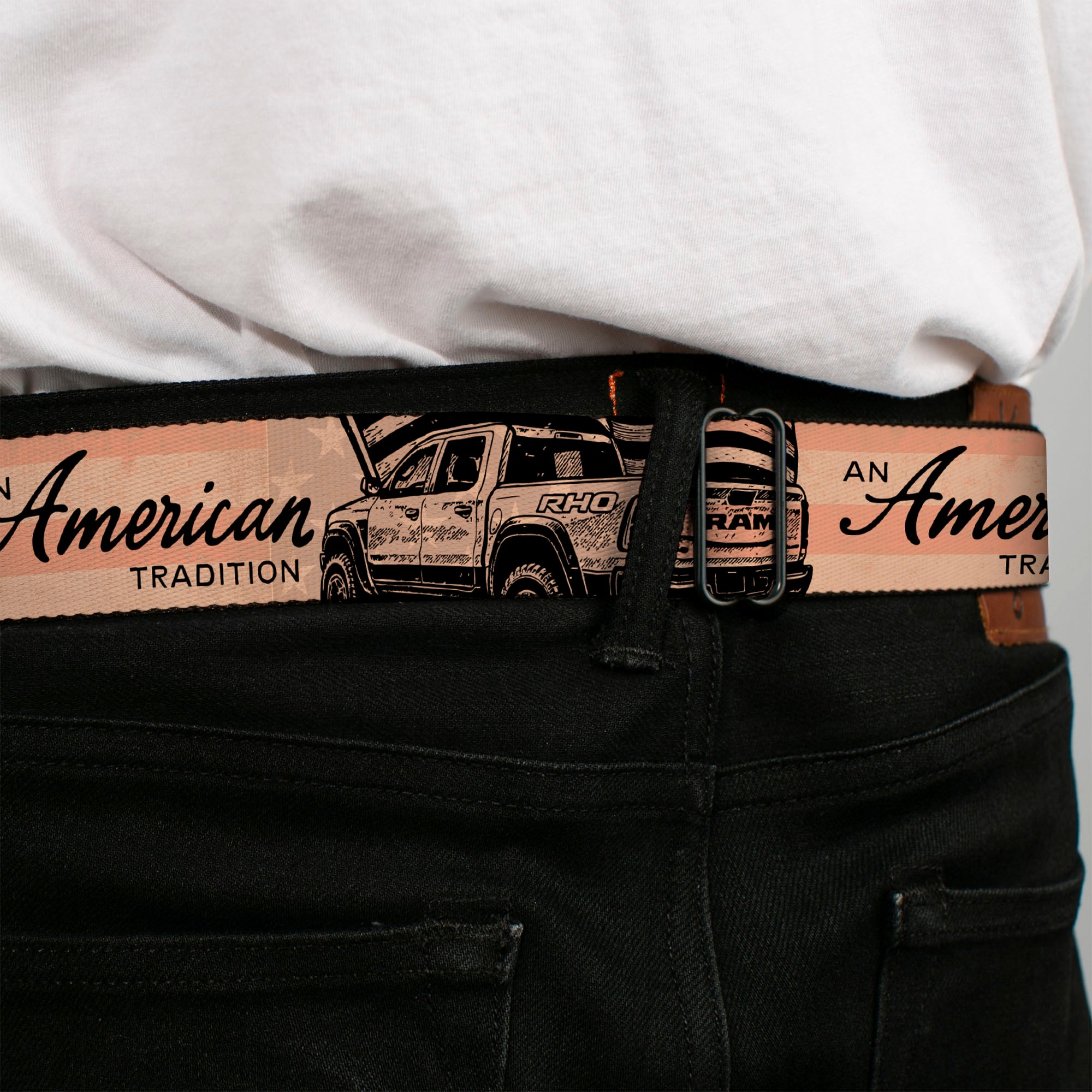 Ram Logo Full Color Black/Tan Seatbelt Belt - Ram AN AMERICAN TRADITION RHO Truck Webbing Seatbelt Belts Ram
