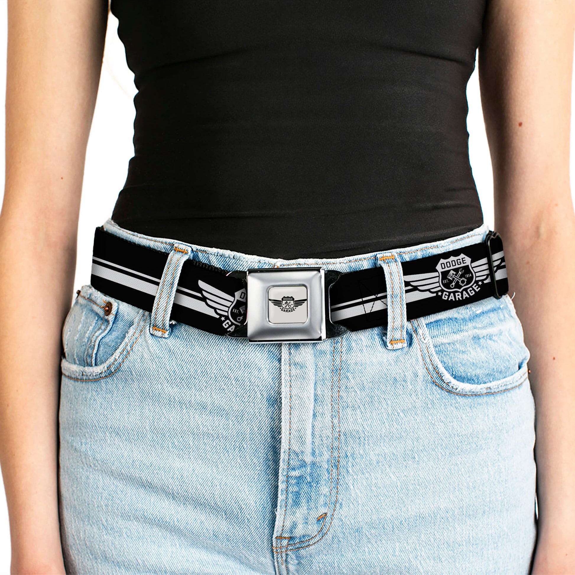 DODGE GARAGE Emblem Full Color Light Gray Black Seatbelt Belt - DODGE GARAGE Emblem Stripe Black/White Webbing Seatbelt Belts Dodge