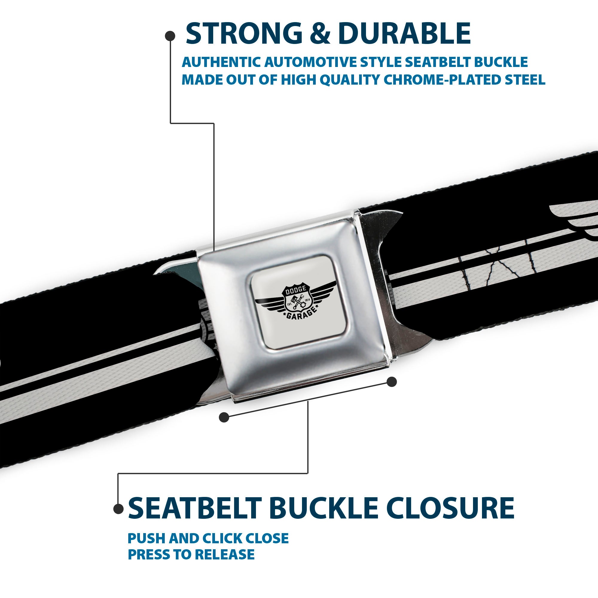 DODGE GARAGE Emblem Full Color Light Gray Black Seatbelt Belt - DODGE GARAGE Emblem Stripe Black/White Webbing Seatbelt Belts Dodge