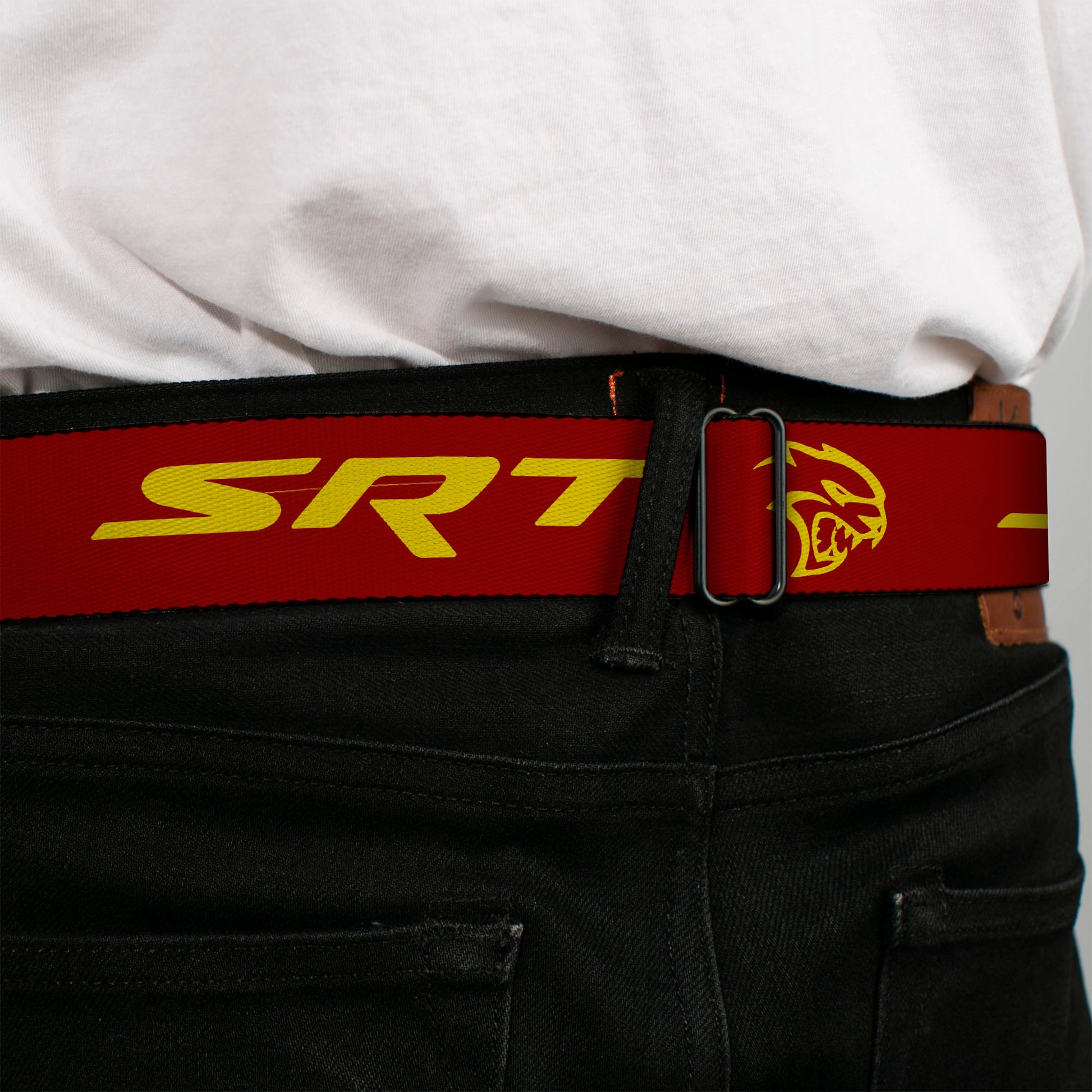 Dodge Hellcat Logo Full Color Black White Seatbelt Belt - Dodge SRT/Hellcat Logo Burgundy/Yellow Webbing Seatbelt Belts Dodge