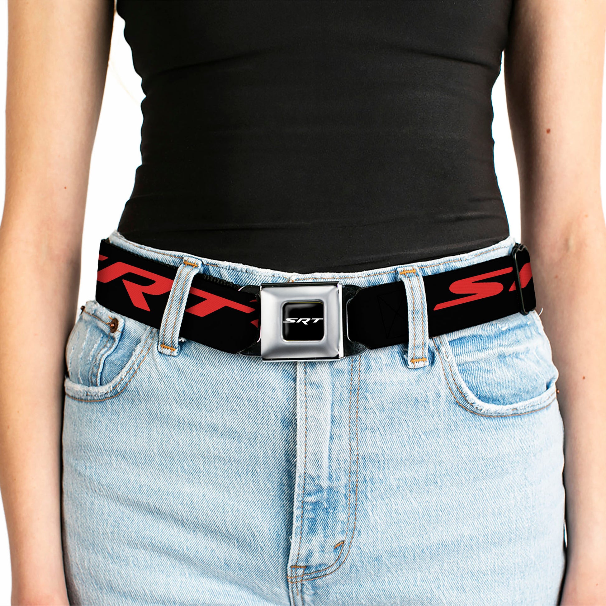 SRT Logo Full Color Black White Seatbelt Belt - Dodge SRT Hellcat Logo CLOSE-UP Black/Red Webbing Seatbelt Belts Dodge
