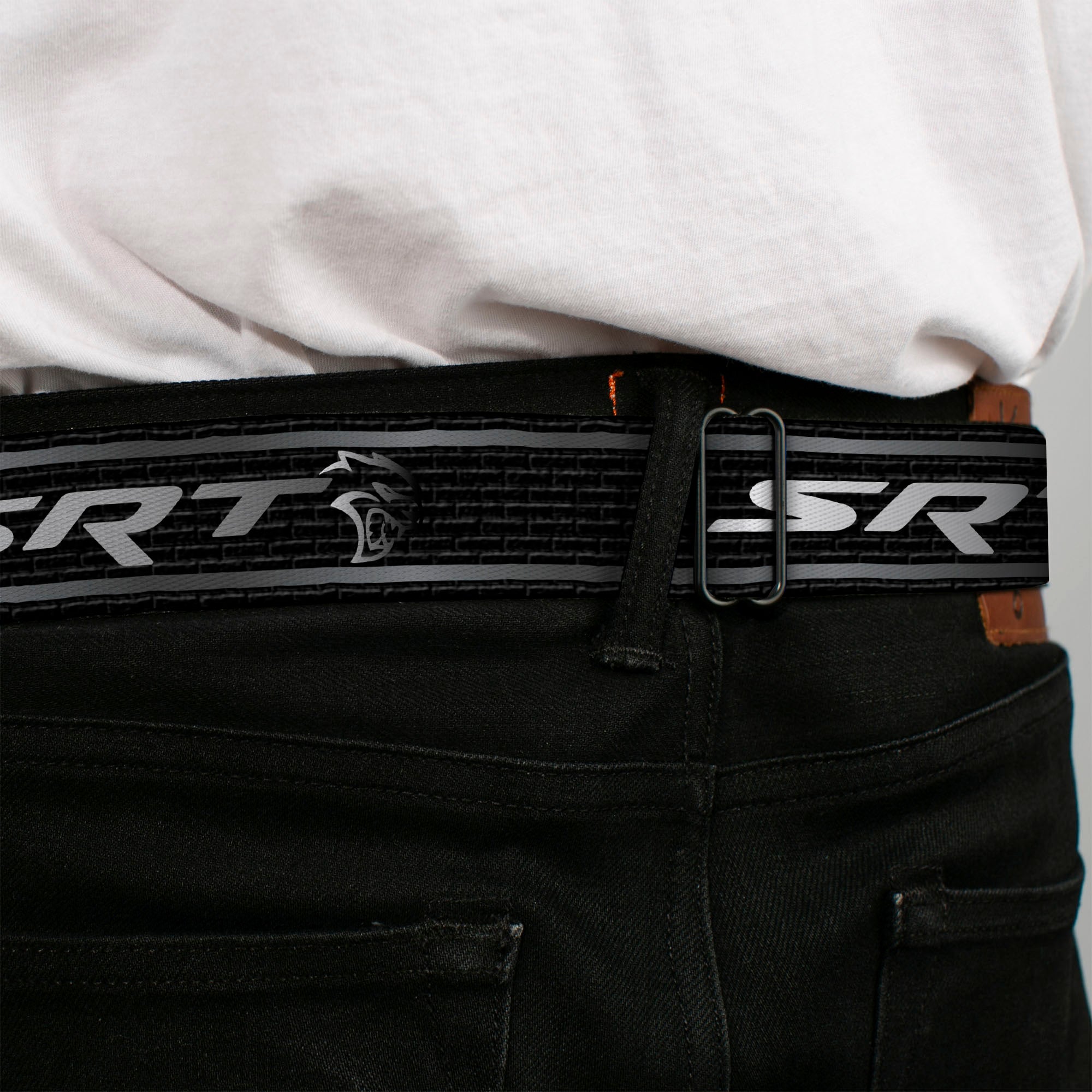 SRT Logo Full Color Black White Seatbelt Belt - Dodge SRT Hellcat Logo Stripe Black/Silver/White Webbing Seatbelt Belts Dodge