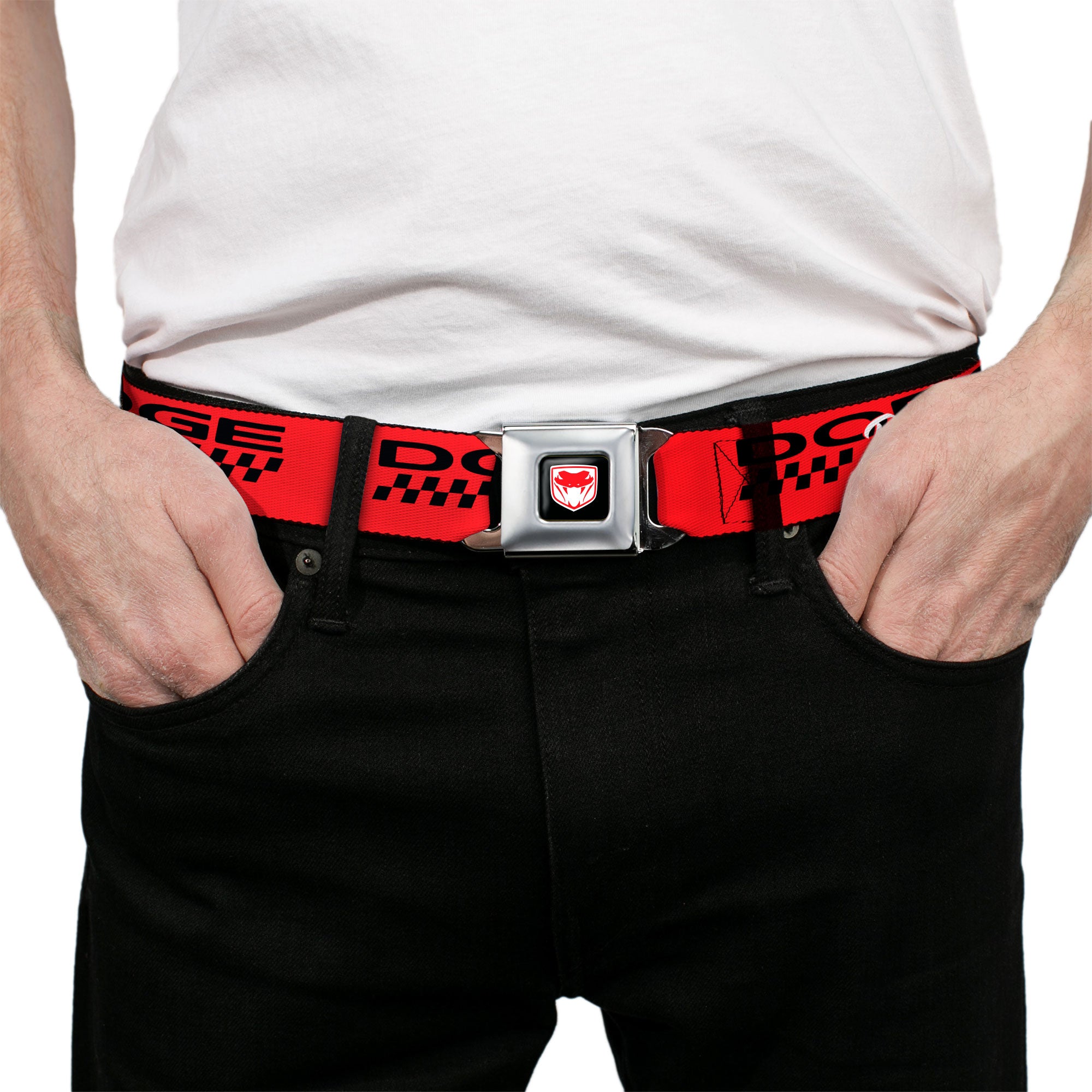 Dodge Viper Logo Full Color Black/White/Red Seatbelt Belt - DODGE RACING Text Checker Red/Black/White Webbing