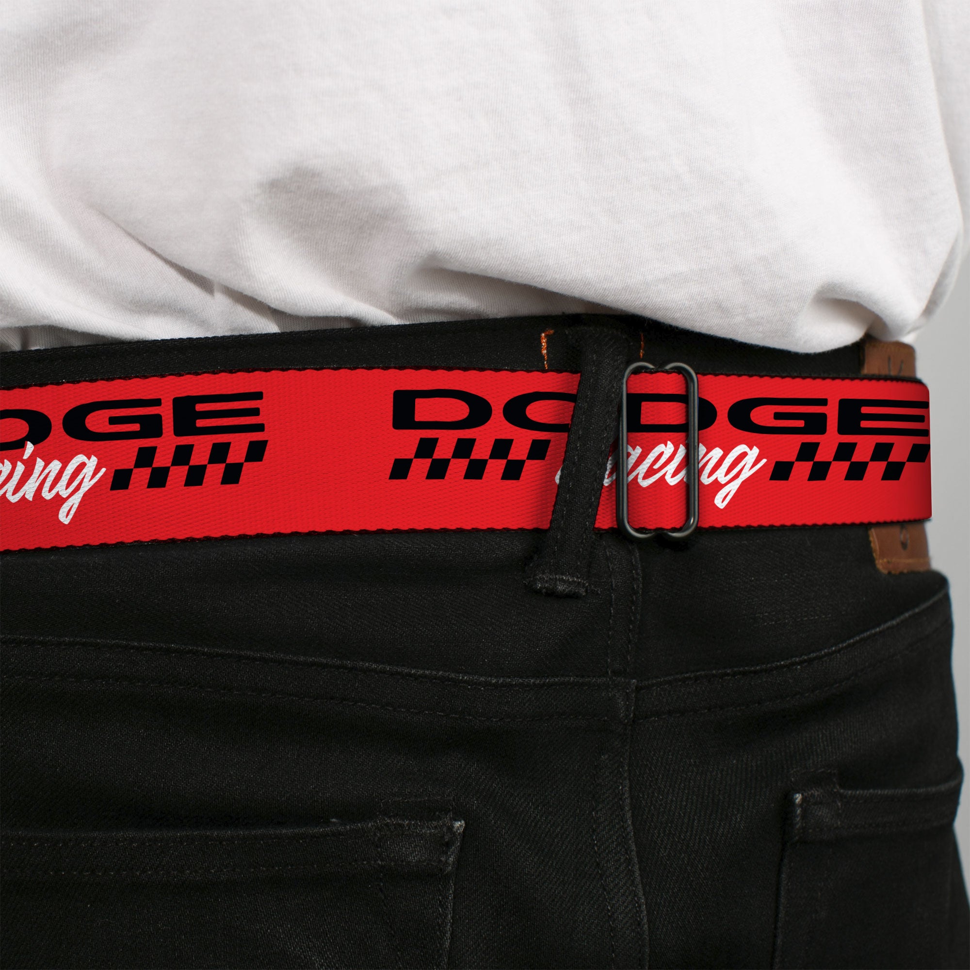 Dodge Viper Logo Full Color Black/White/Red Seatbelt Belt - DODGE RACING Text Checker Red/Black/White Webbing