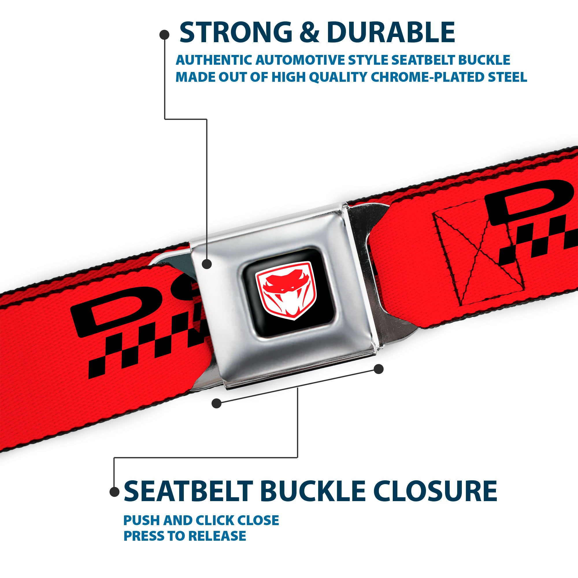 Dodge Viper Logo Full Color Black/White/Red Seatbelt Belt - DODGE RACING Text Checker Red/Black/White Webbing