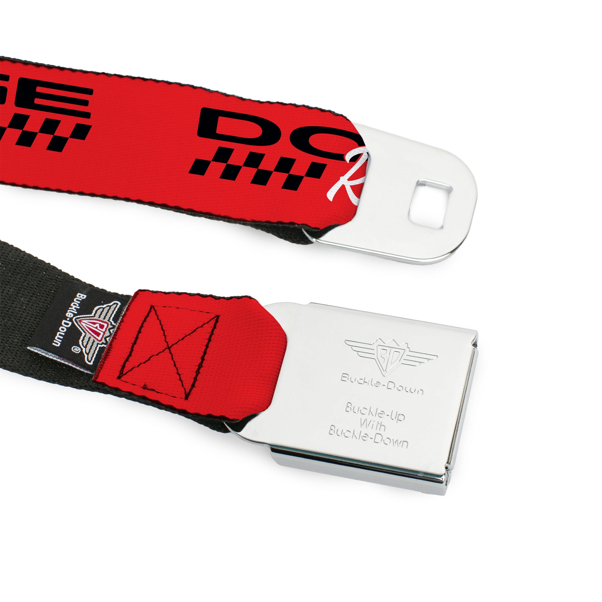 Dodge Viper Logo Full Color Black/White/Red Seatbelt Belt - DODGE RACING Text Checker Red/Black/White Webbing